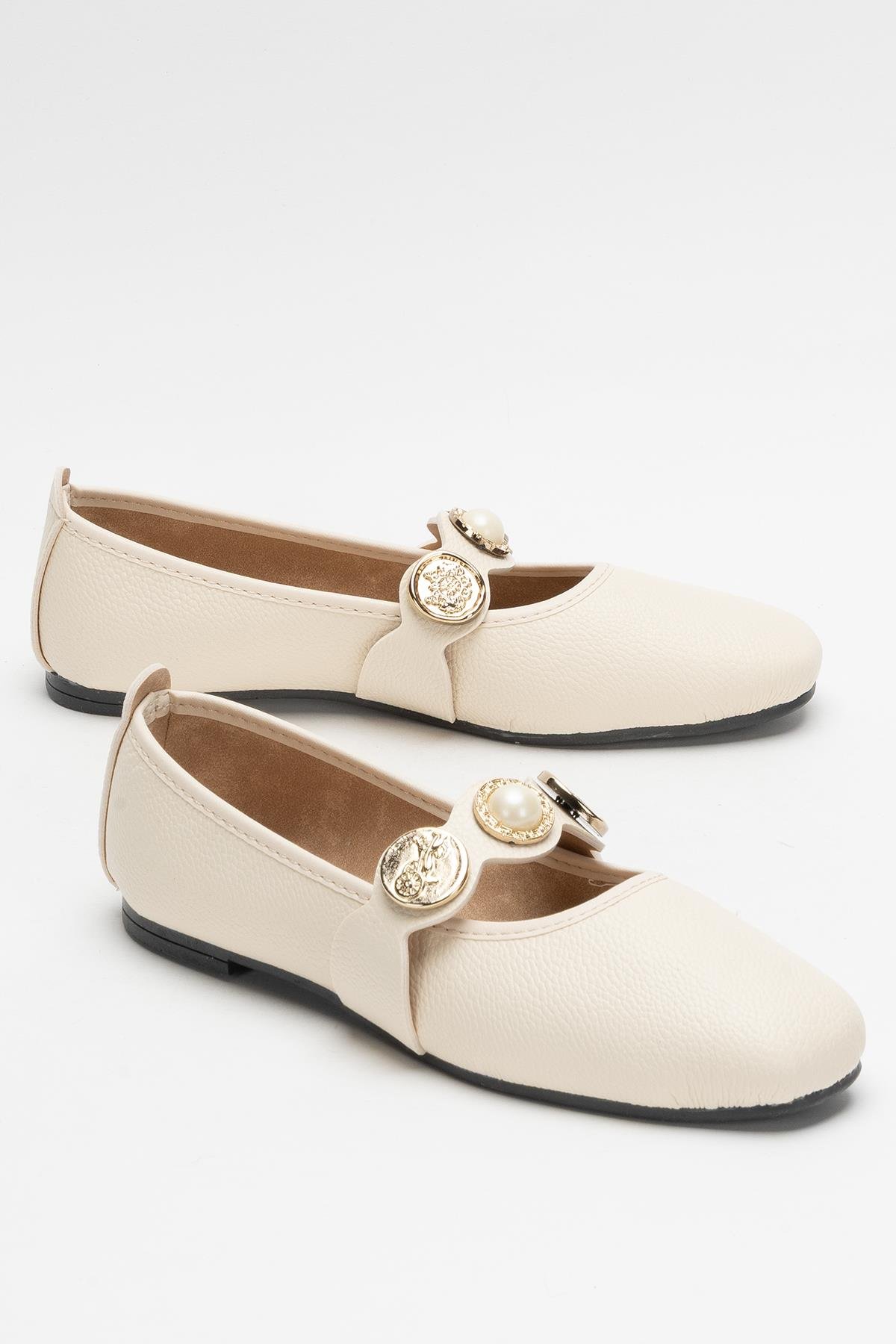 Kadın Aksesuarlı Bantlı Babet Ayakkabı KREM - Görsel 3