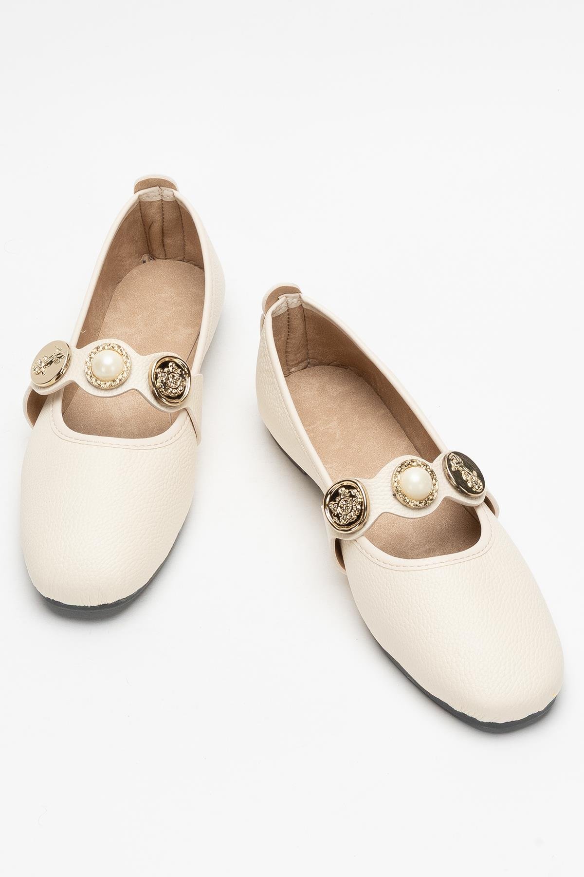 Kadın Aksesuarlı Bantlı Babet Ayakkabı KREM - Görsel 6