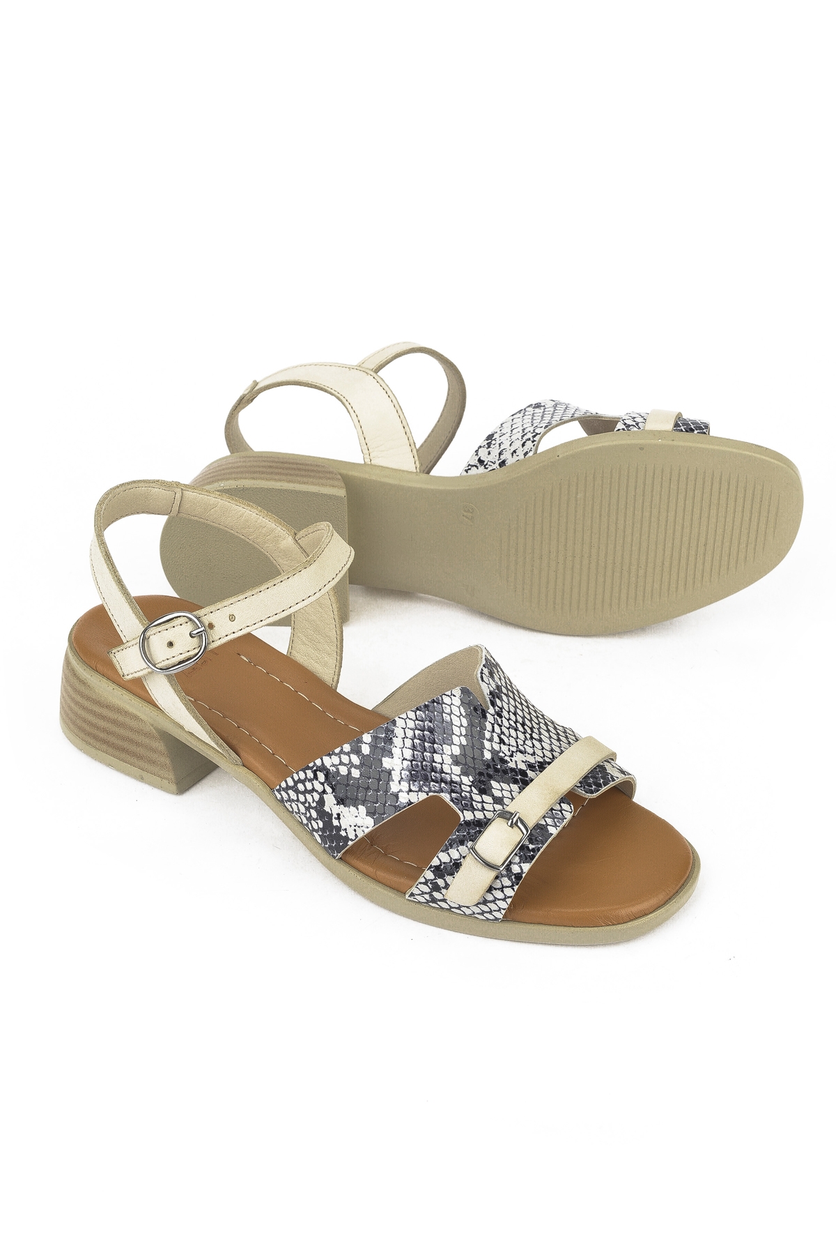 Kadın Hakiki Deri Topuklu Sandalet 1511032Z10209 Kırık Beyaz - Görsel 5