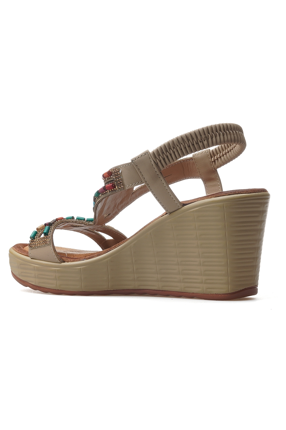 Kadın Taş Detaylı Dolgu Topuklu Günlük Sandalet 25y 25y155-2 Z Bej - Görsel 4