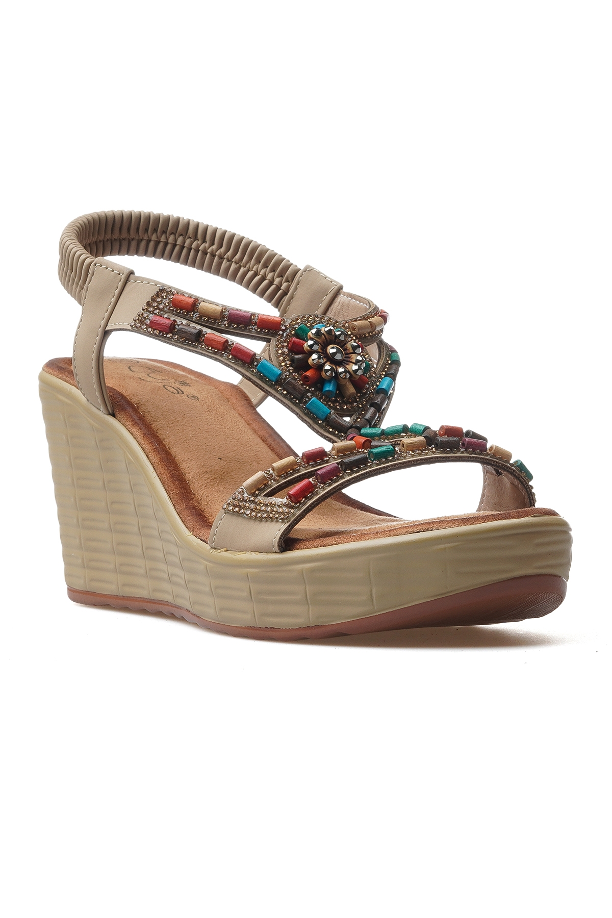 Kadın Taş Detaylı Dolgu Topuklu Günlük Sandalet 25y 25y155-2 Z Bej - Görsel 5