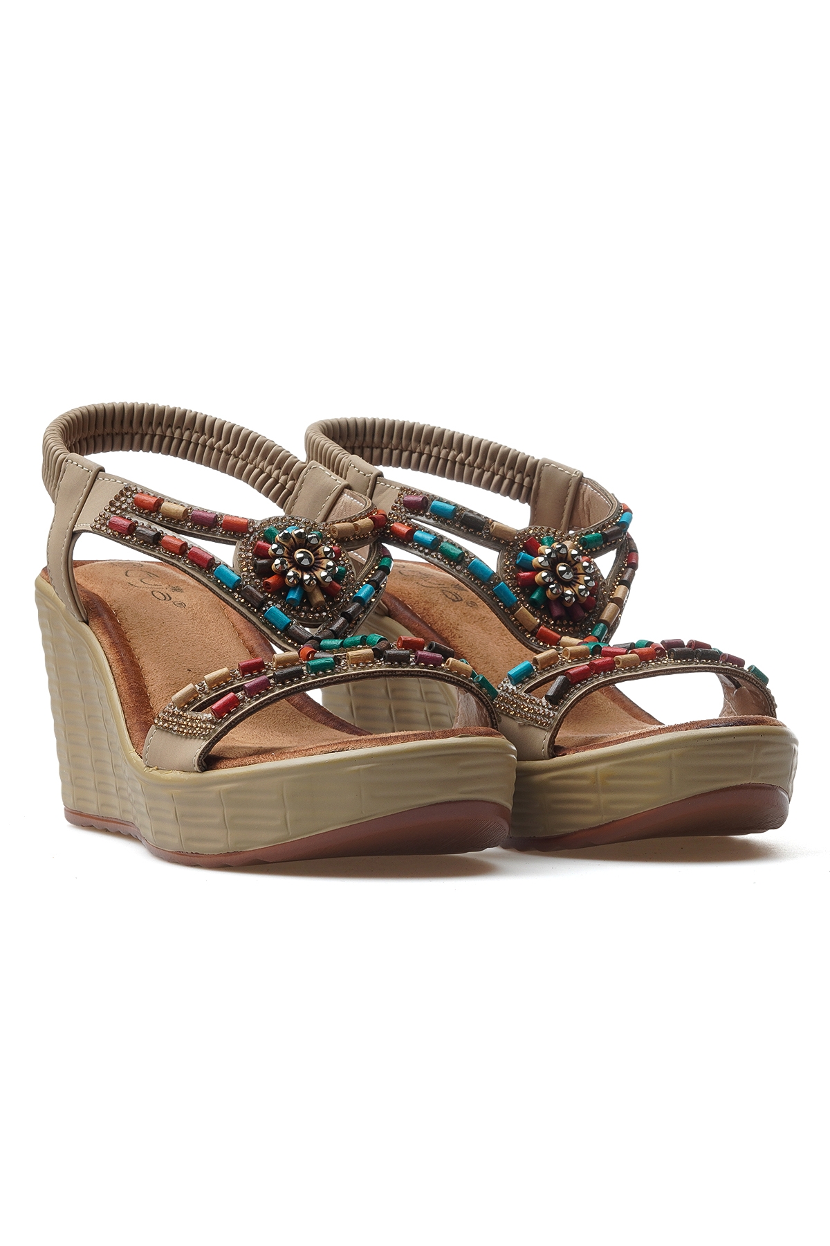 Kadın Taş Detaylı Dolgu Topuklu Günlük Sandalet 25y 25y155-2 Z Bej - Görsel 6