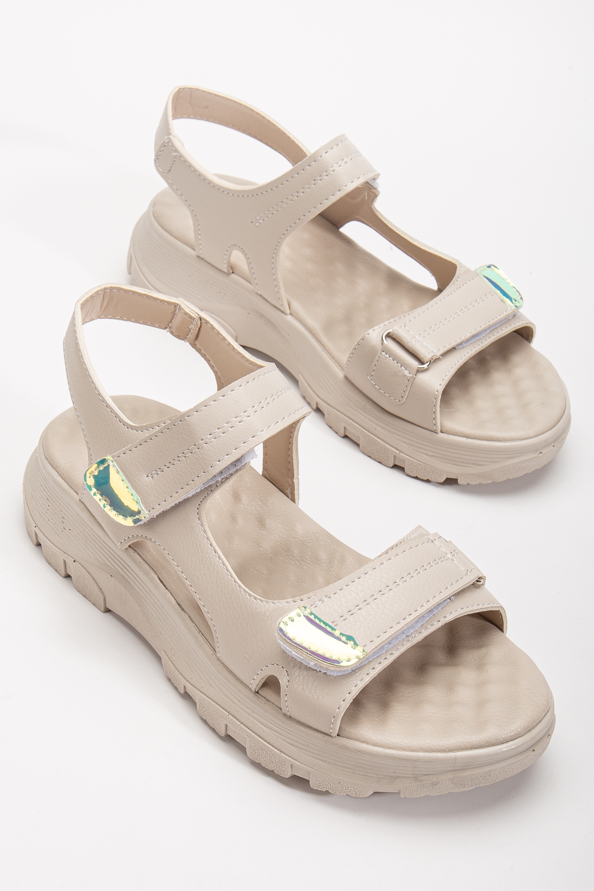 Kadın Bej Poli Taban Çift Bantlı Cırtlı Sandalet - Görsel 4