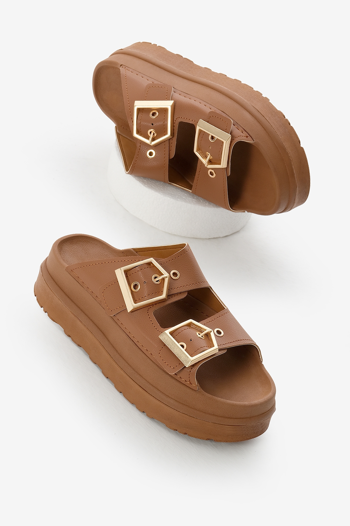 Kadın Taba Yüksek Poli Taban Çift Bantlı Tokalı Terlik - Görsel 2