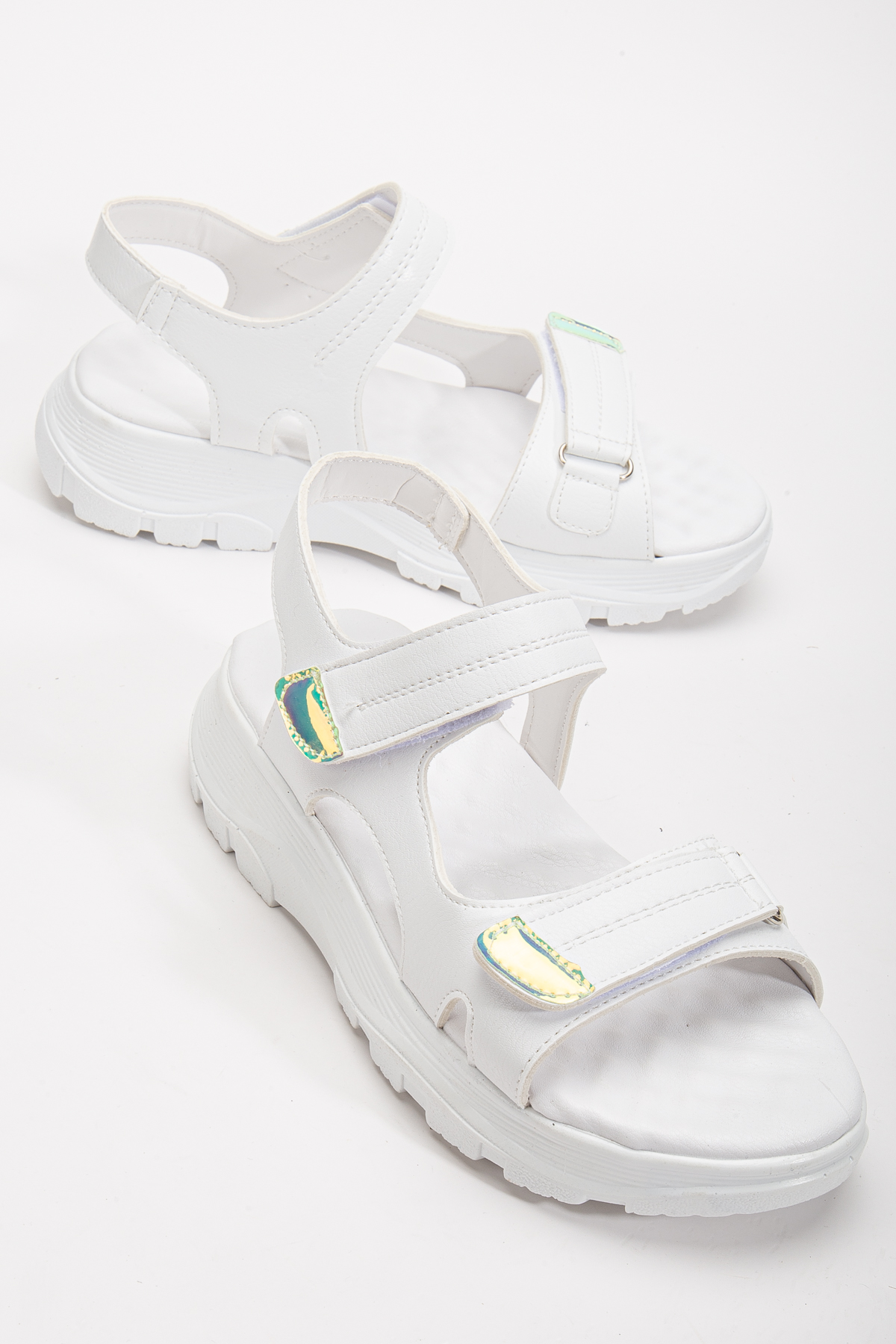 Kadın Beyaz Poli Taban Çift Bantlı Cırtlı Sandalet - Görsel 3