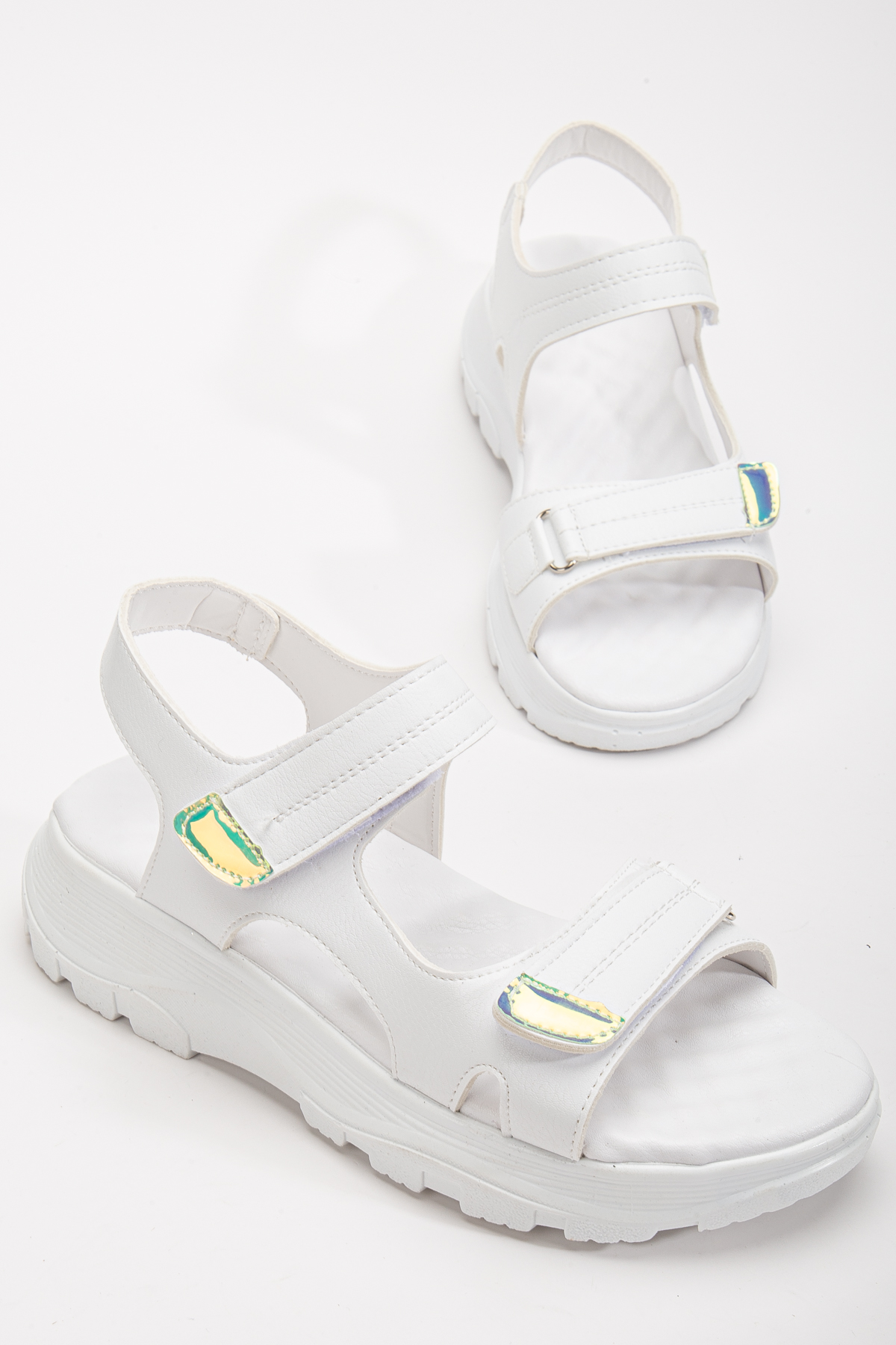 Kadın Beyaz Poli Taban Çift Bantlı Cırtlı Sandalet - Görsel 4