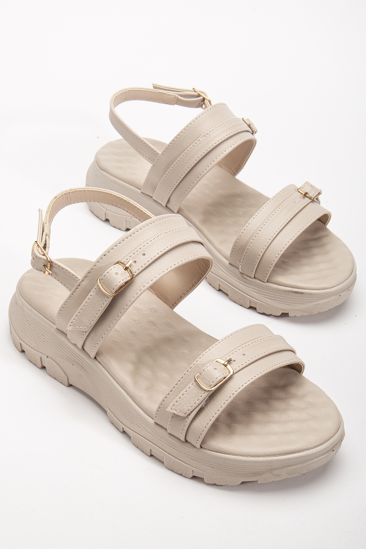 Kadın Bej Poli Taban Toka Detaylı Çift Bantlı Sandalet - Görsel 3