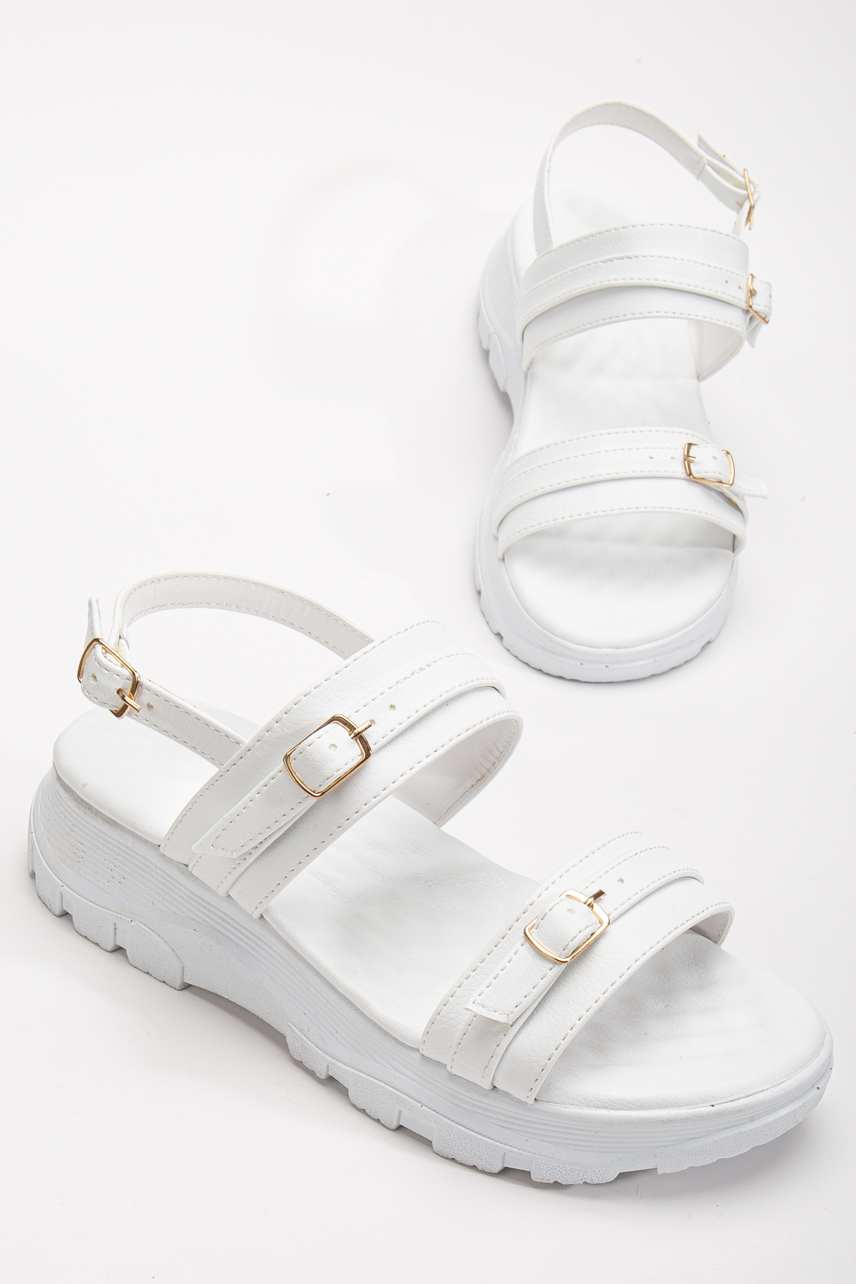 Kadın Beyaz Poli Taban Toka Detaylı Çift Bantlı Sandalet - Görsel 4