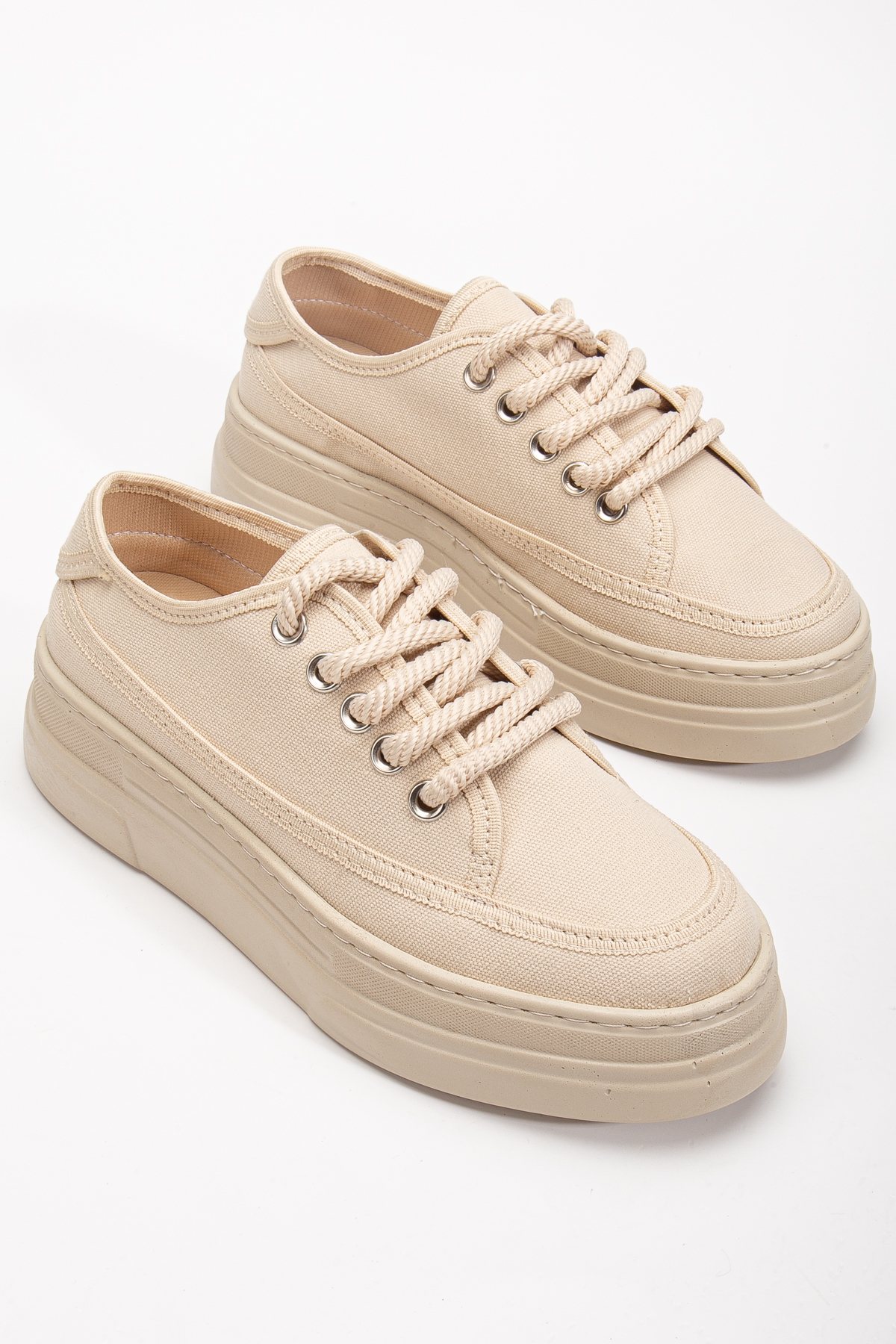 Kadın Bej Poli Taban Keten Halat Bağcıklı Spor Ayakkabı - Görsel 2