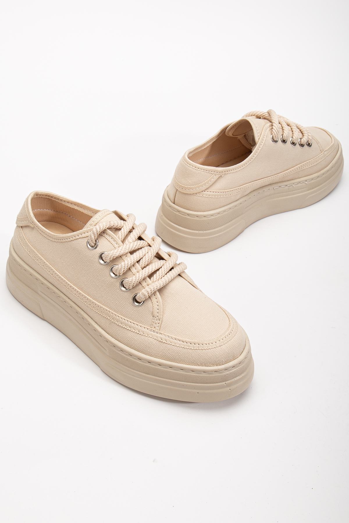 Kadın Bej Poli Taban Keten Halat Bağcıklı Spor Ayakkabı - Görsel 3