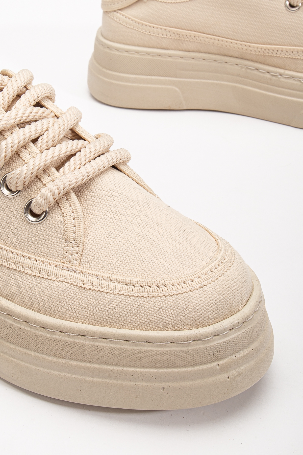 Kadın Bej Poli Taban Keten Halat Bağcıklı Spor Ayakkabı - Görsel 4