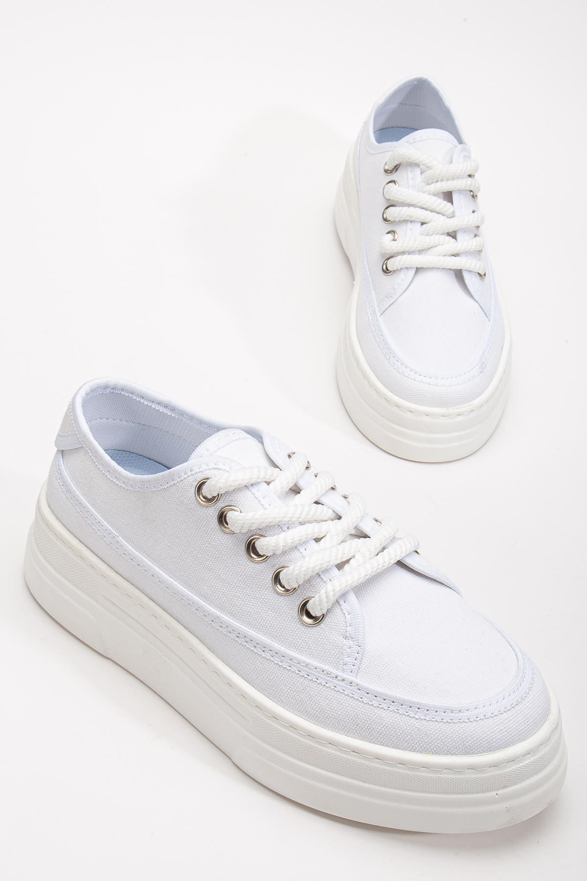 Kadın Beyaz Poli Taban Keten Halat Bağcıklı Spor Ayakkabı - Görsel 2