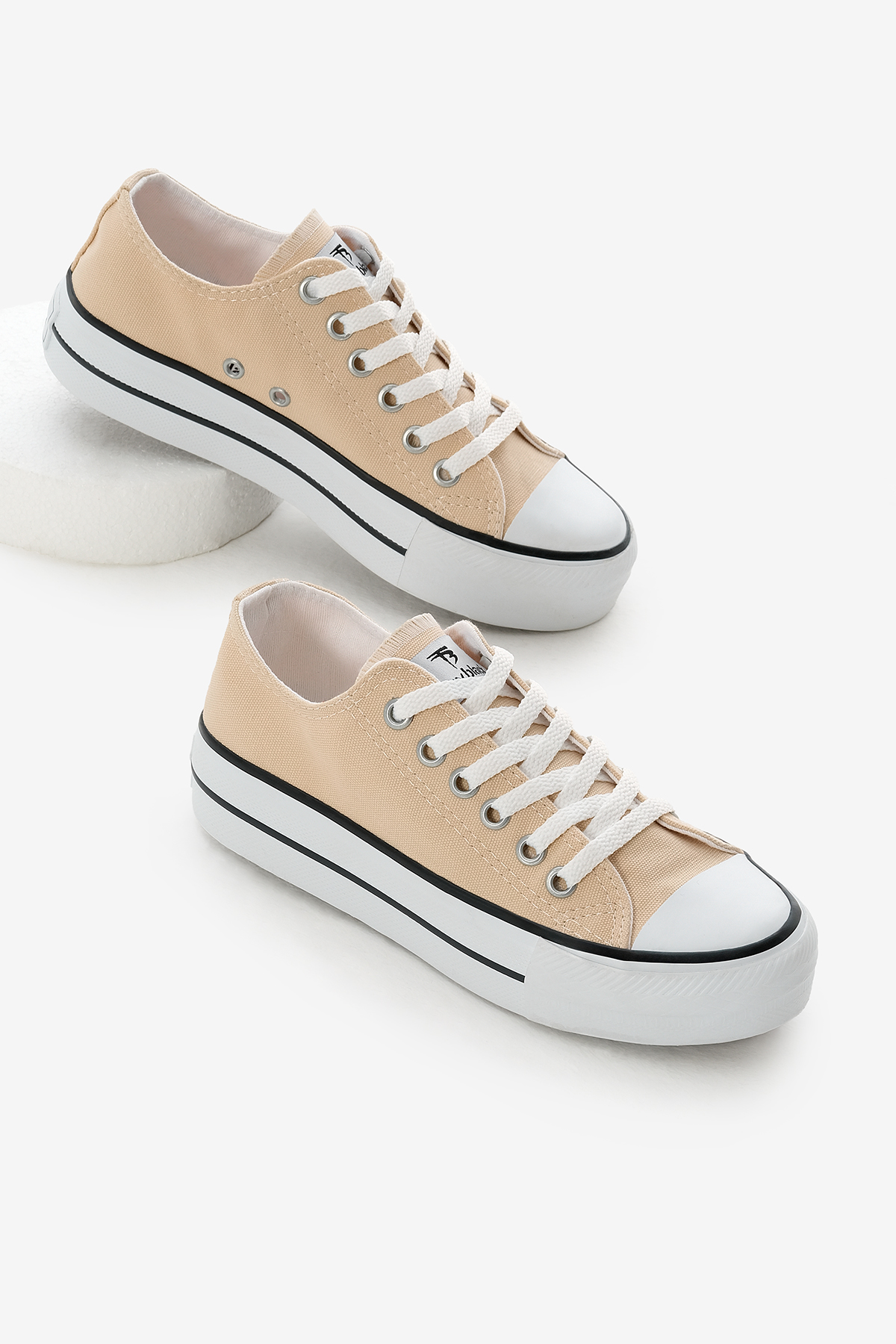 Kadın Bej Termo Kalın Taban Bağcıklı Keten Spor Ayakkabı - Görsel 2