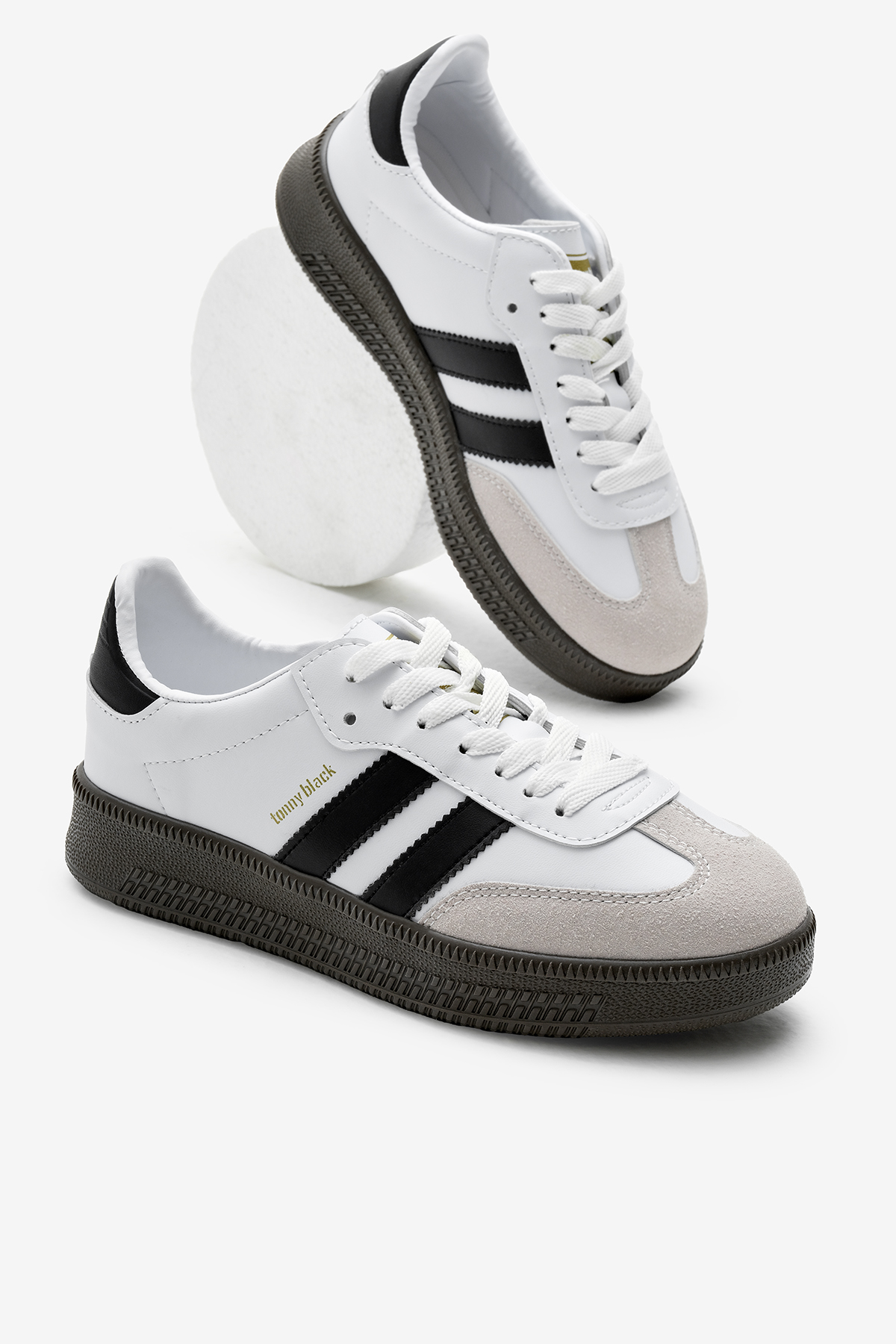 Unisex Beyaz Siyah Kalın Termo Taban Yanı Şeritli Bağcıklı Spor Ayakkabı - Görsel 2