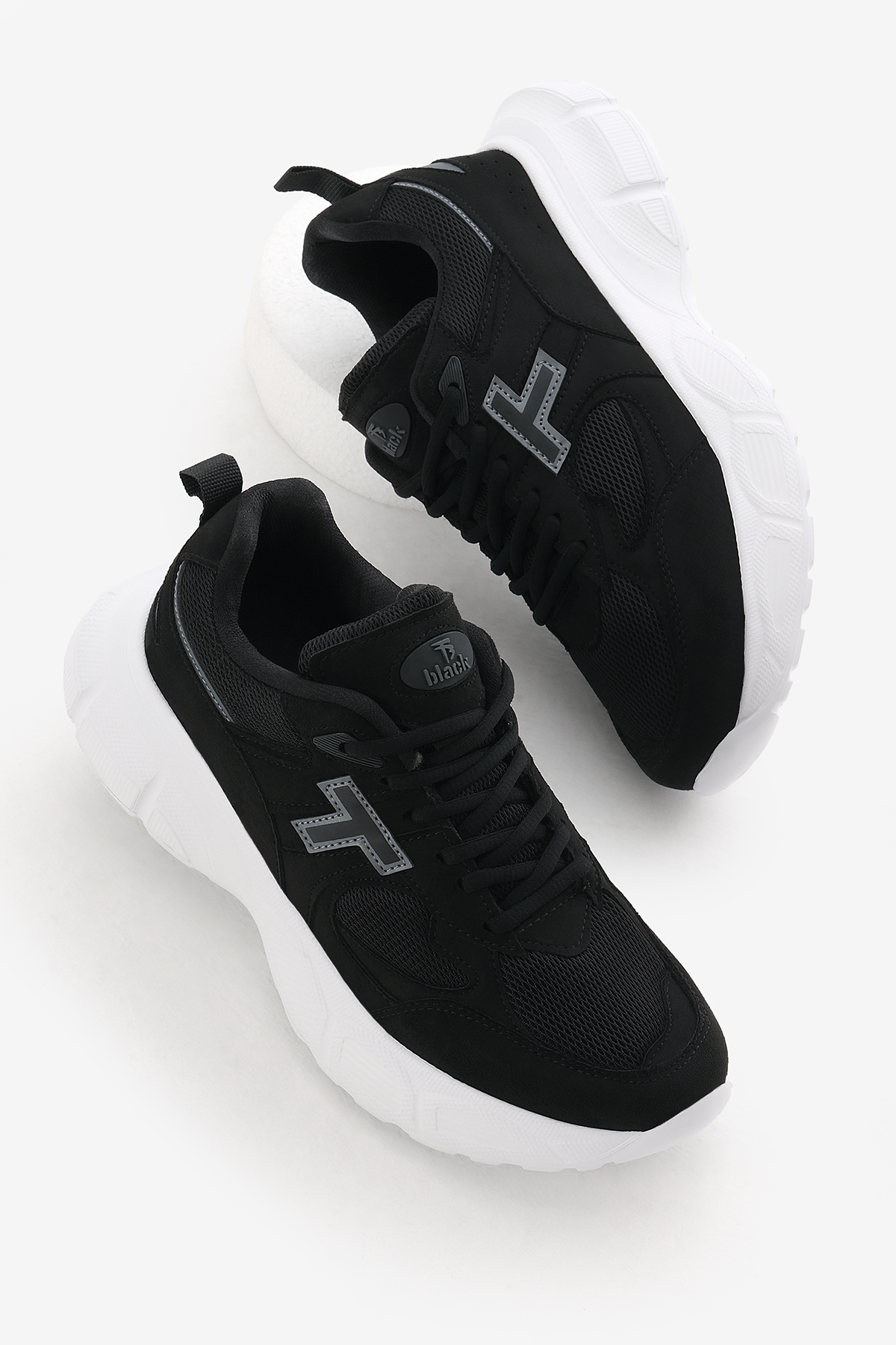 Unisex Siyah Beyaz Yüksek Faylon Taban Nefes Alabilen Kumaş Bağcıklı Spor Ayakkabı - Görsel 2