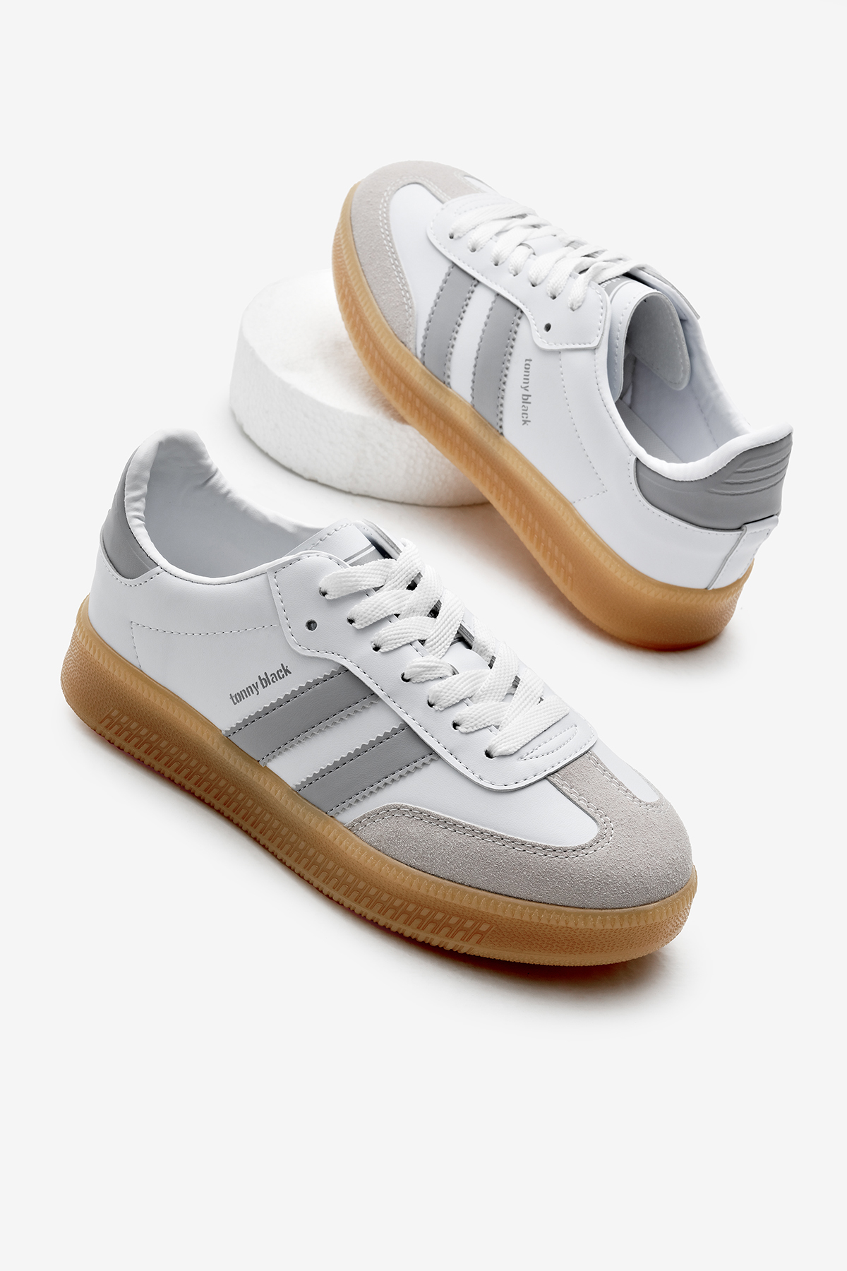 Unisex Beyaz Gri Kalın Termo Taban Yanı Şeritli Bağcıklı Spor Ayakkabı - Görsel 2