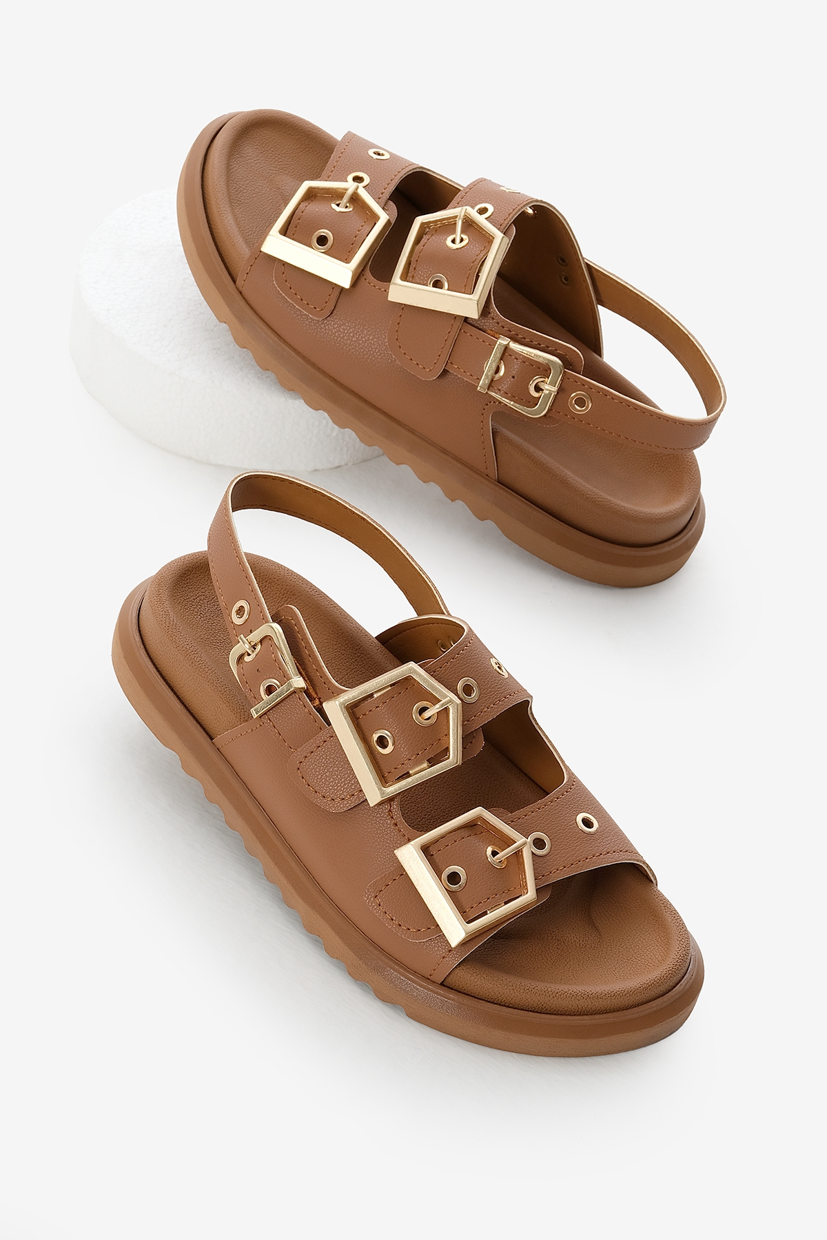 Kadın Taba Poli Taban Çift Bantlı Tokalı Sandalet - Görsel 2