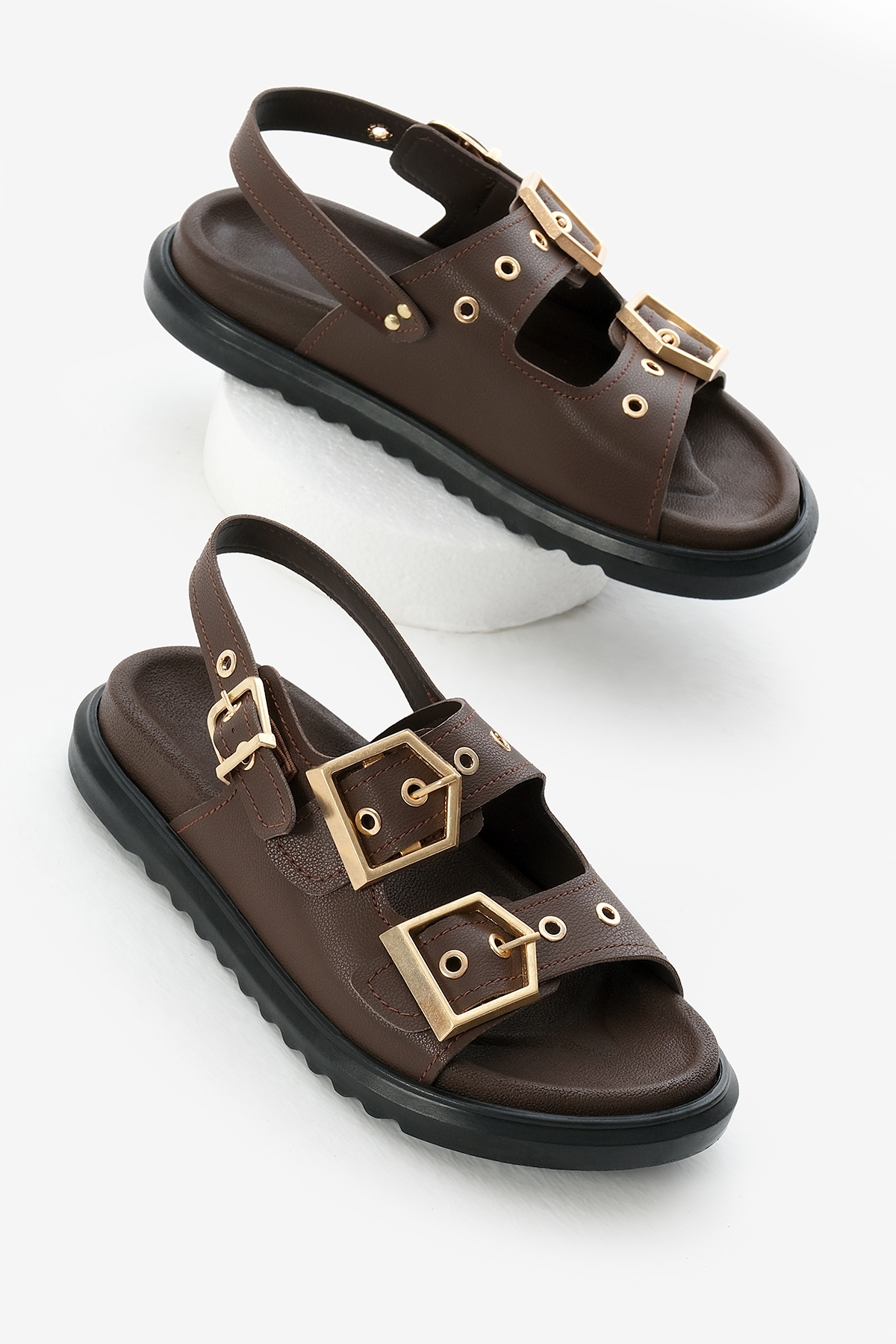 Kadın Kahve Poli Taban Çift Bantlı Tokalı Sandalet - Görsel 2