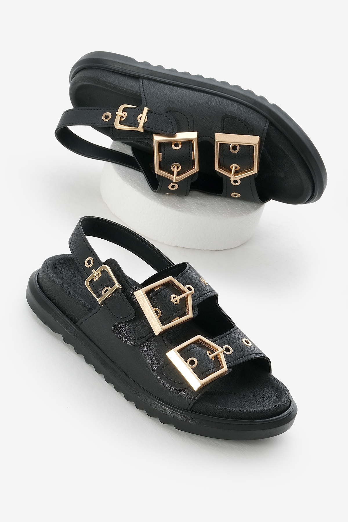 Kadın Siyah Poli Taban Çift Bantlı Tokalı Sandalet - Görsel 2