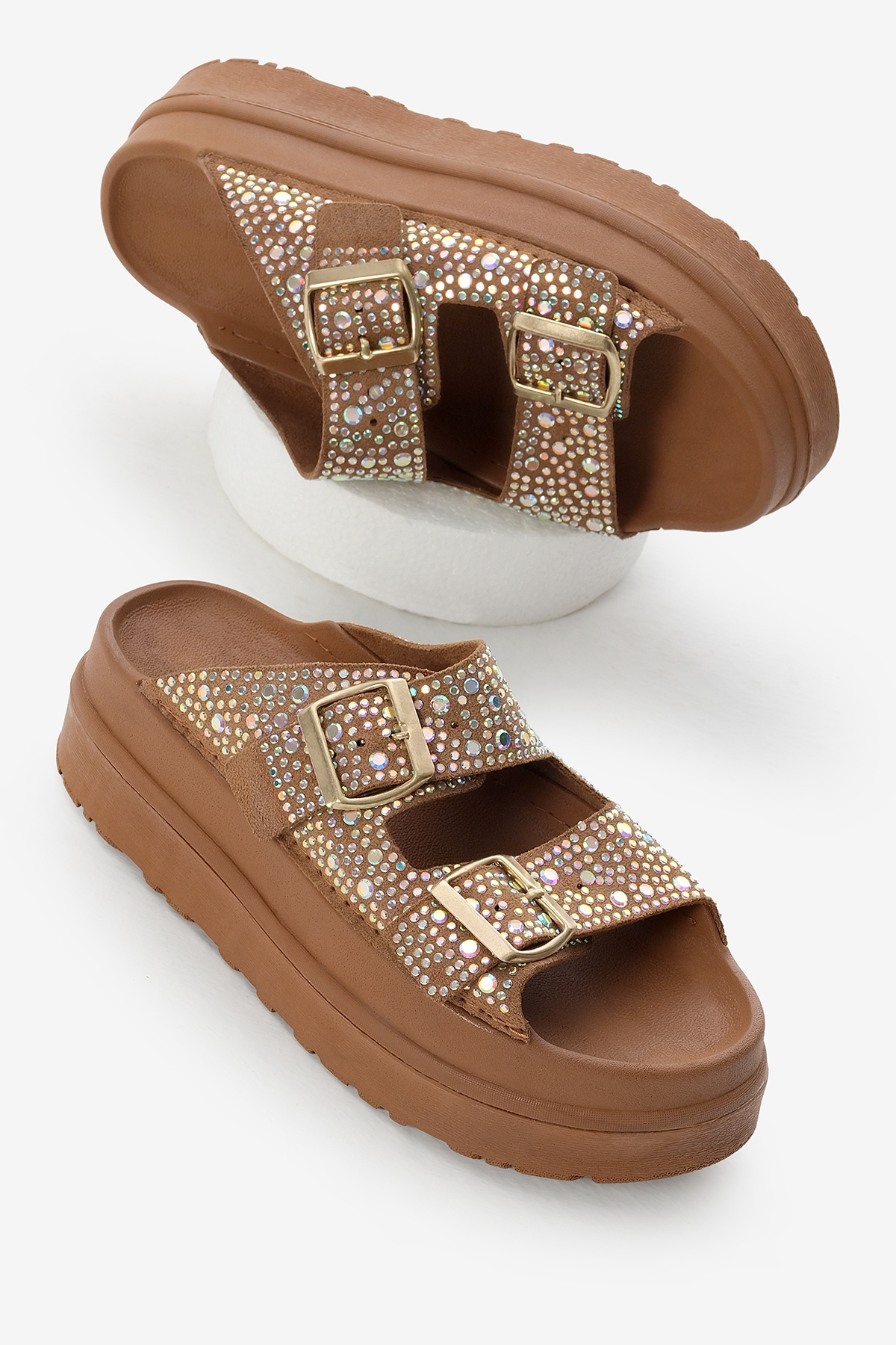 Kadın Taba Yüksek Poli Taban Taşlı Çift Bantlı Tokalı Terlik - Görsel 2