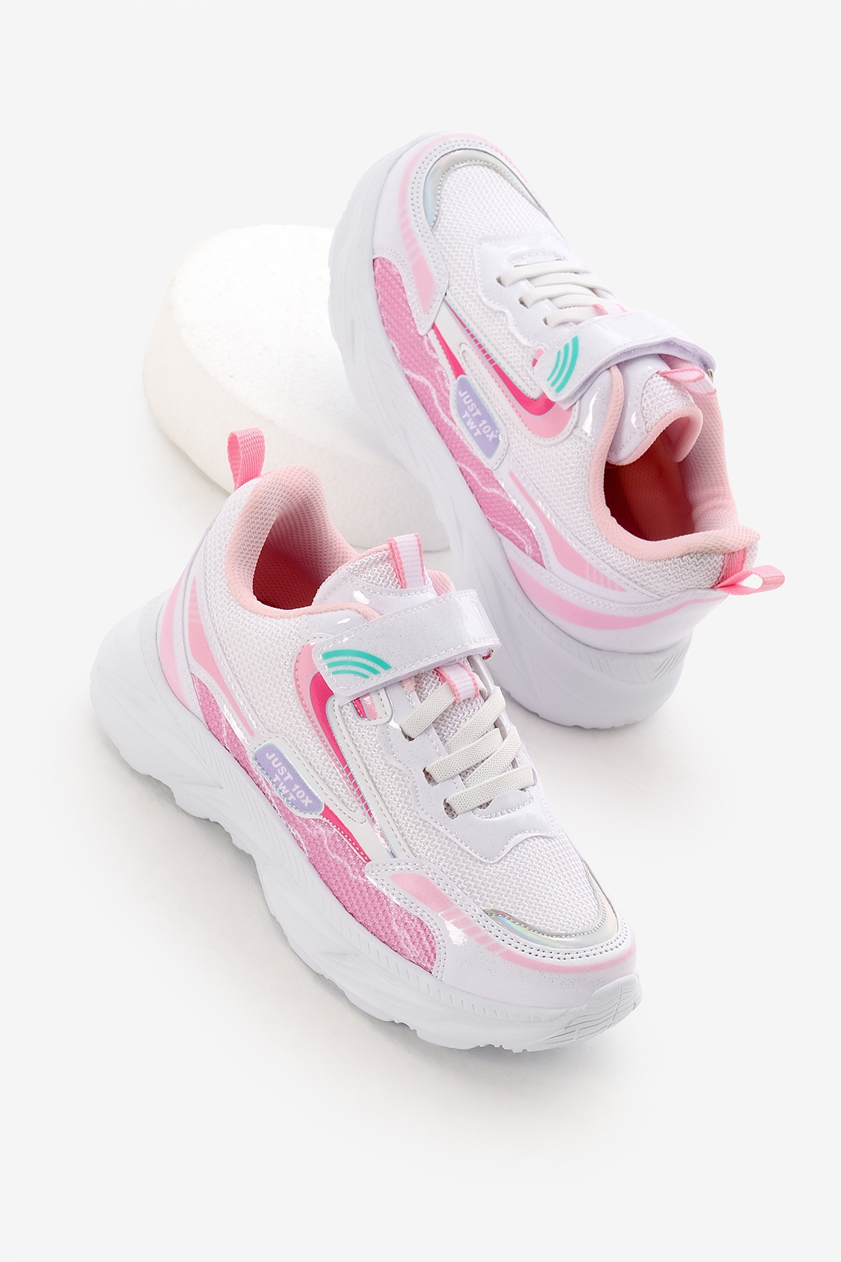 Tonny Black Çocuk Unisex Beyaz Pembe EVA Faylon Taban Desenli Cırtlı Lastik Bağcıklı Spor Ayakkabı - Görsel 2
