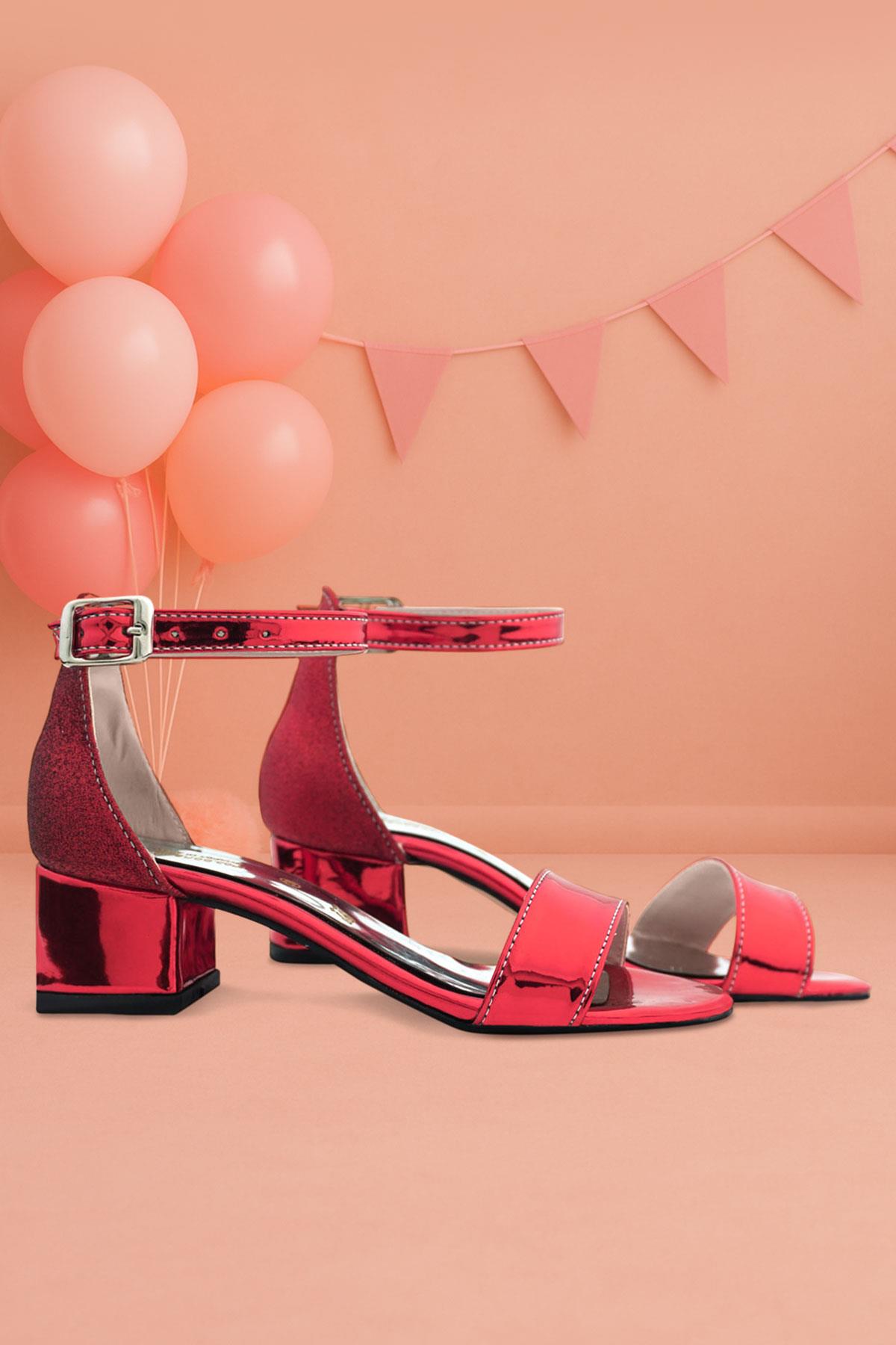 Elsa Kırmızı Aynalı Kalın Topuklu Kız Çocuk Abiye Ayakkabı - Görsel 4