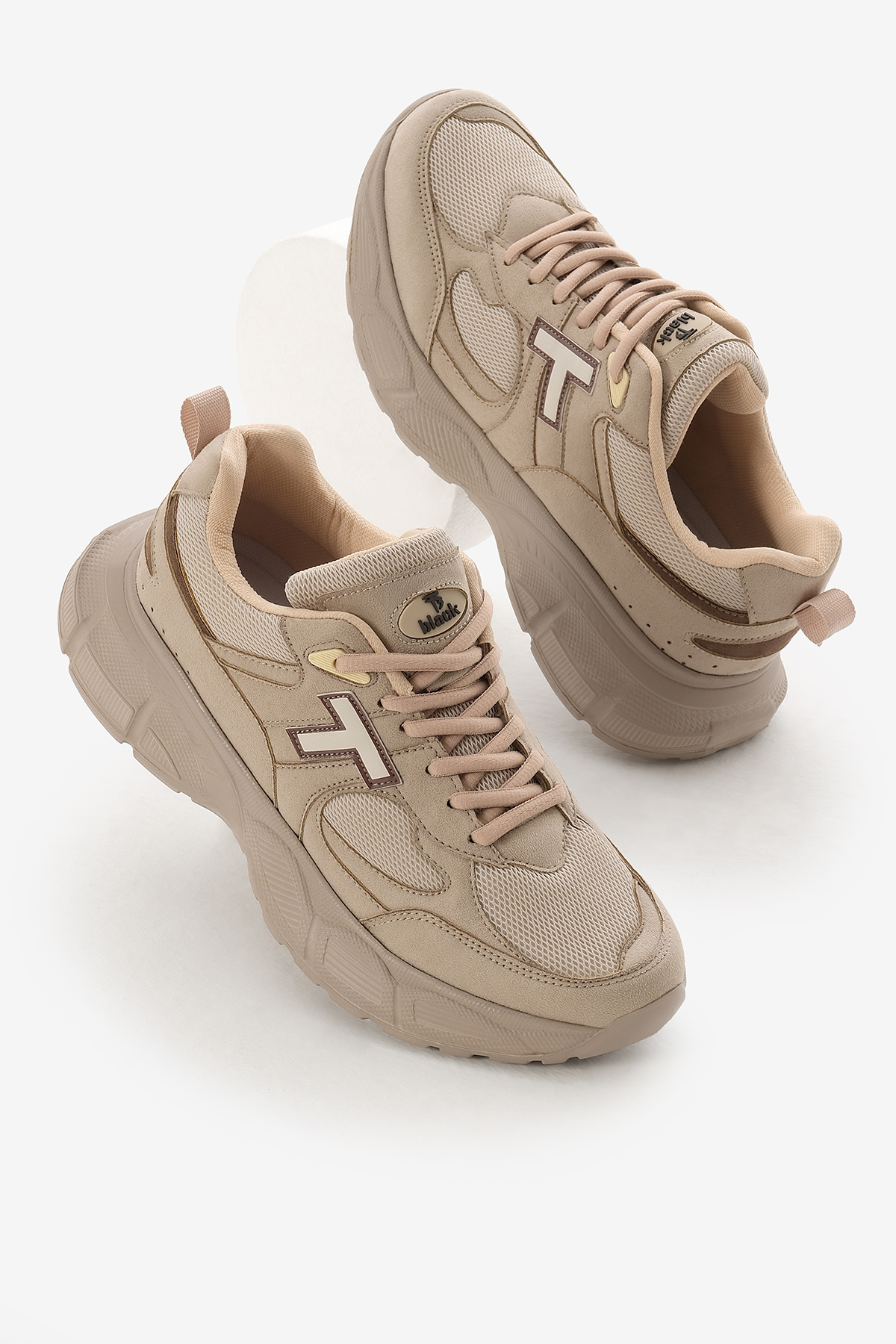 Unisex Bej Yüksek Faylon Taban Nefes Alabilen Kumaş Bağcıklı Spor Ayakkabı - Görsel 2