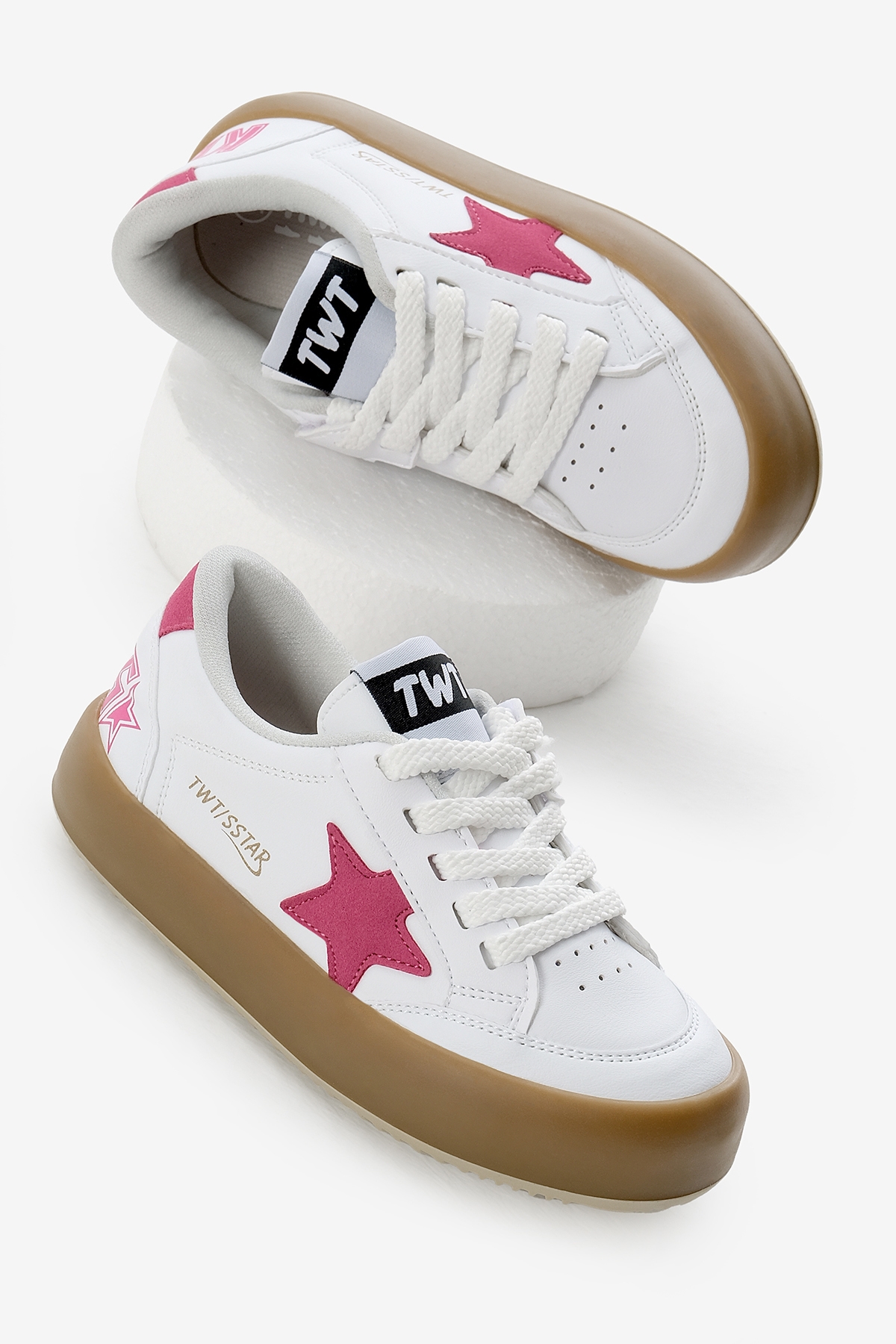 Çocuk Unisex Beyaz Fuşya Termo Taban Yıldız Detaylı Bağcıklı ve Cırtlı Spor Ayakkabı - Görsel 2