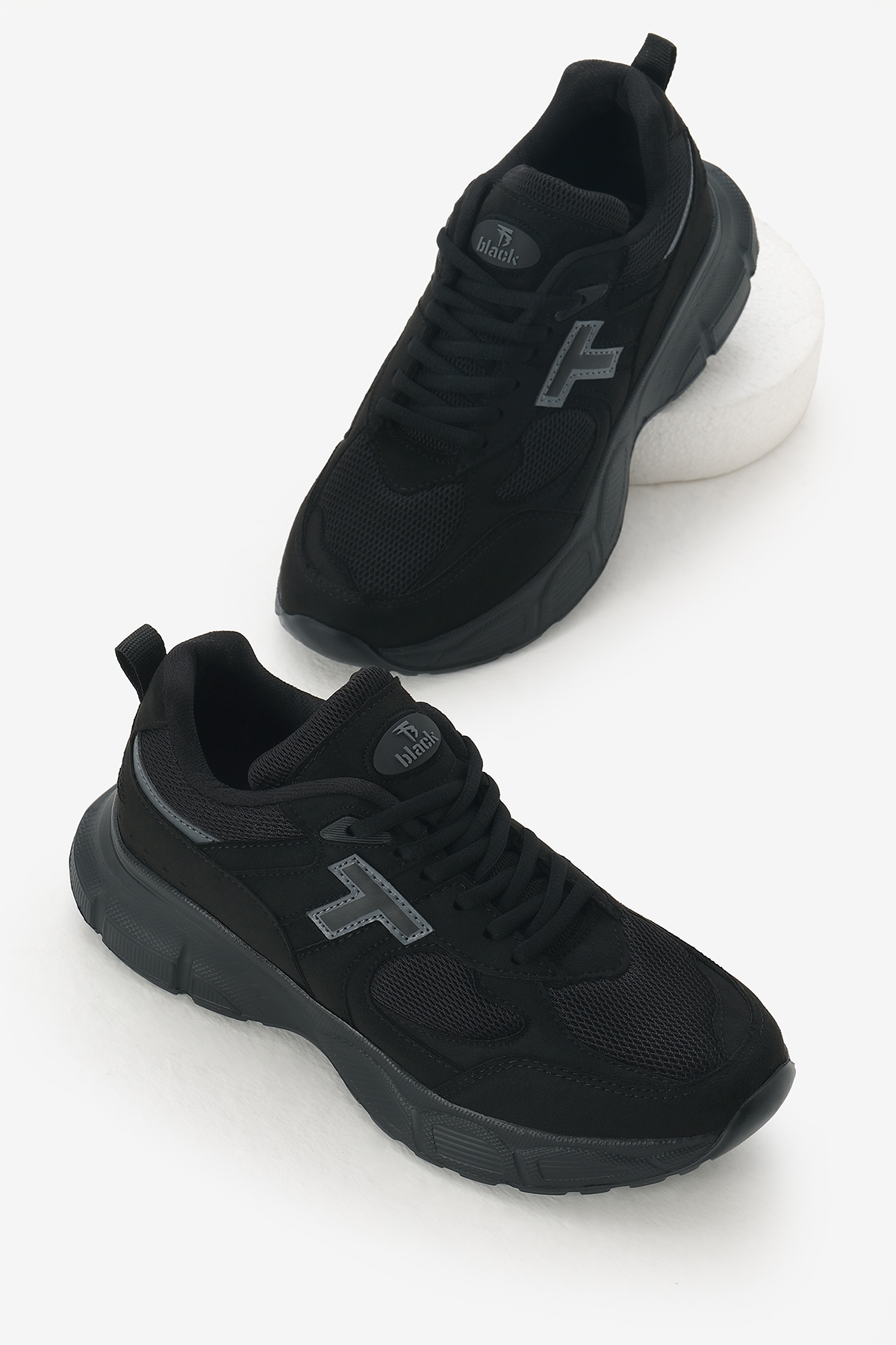 Unisex Siyah Yüksek Faylon Taban Nefes Alabilen Kumaş Bağcıklı Spor Ayakkabı - Görsel 2