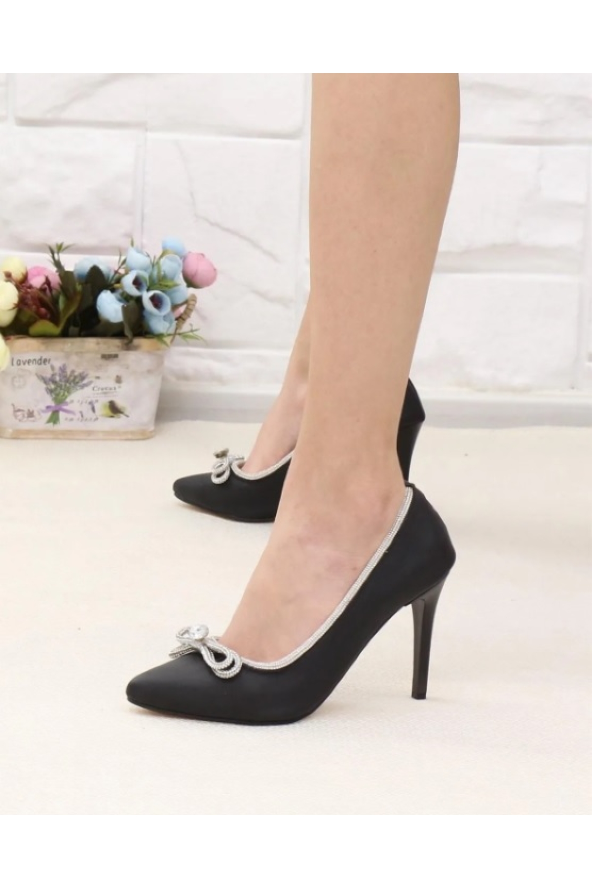 Saten Kumaş Taşlı Kadın Stiletto - Görsel 3