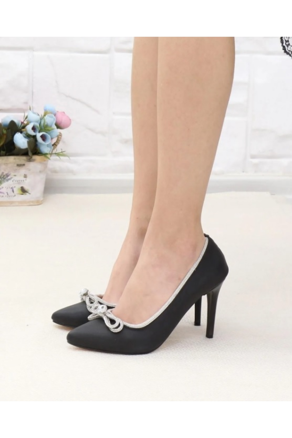 Saten Kumaş Taşlı Kadın Stiletto - Görsel 5