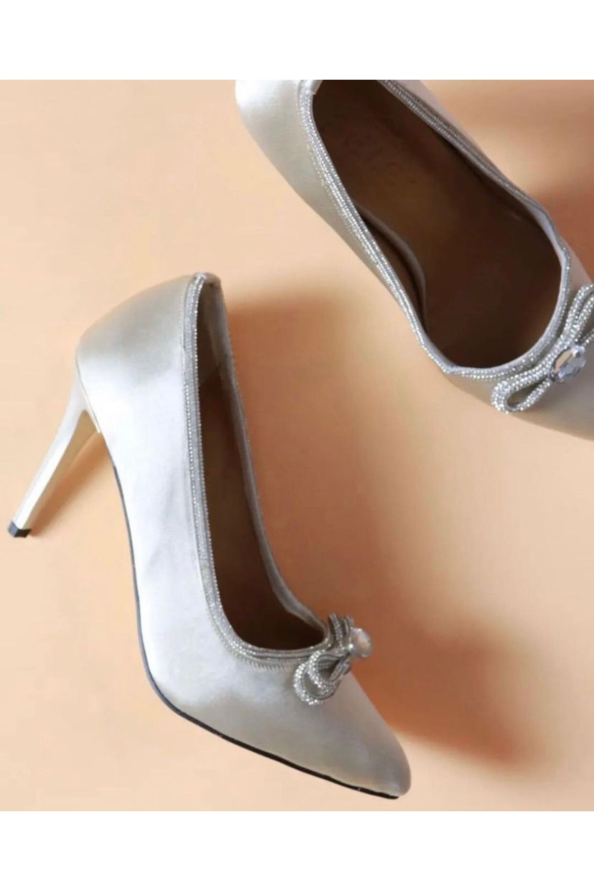 Saten Kumaş Taşlı Kadın Stiletto - Görsel 4