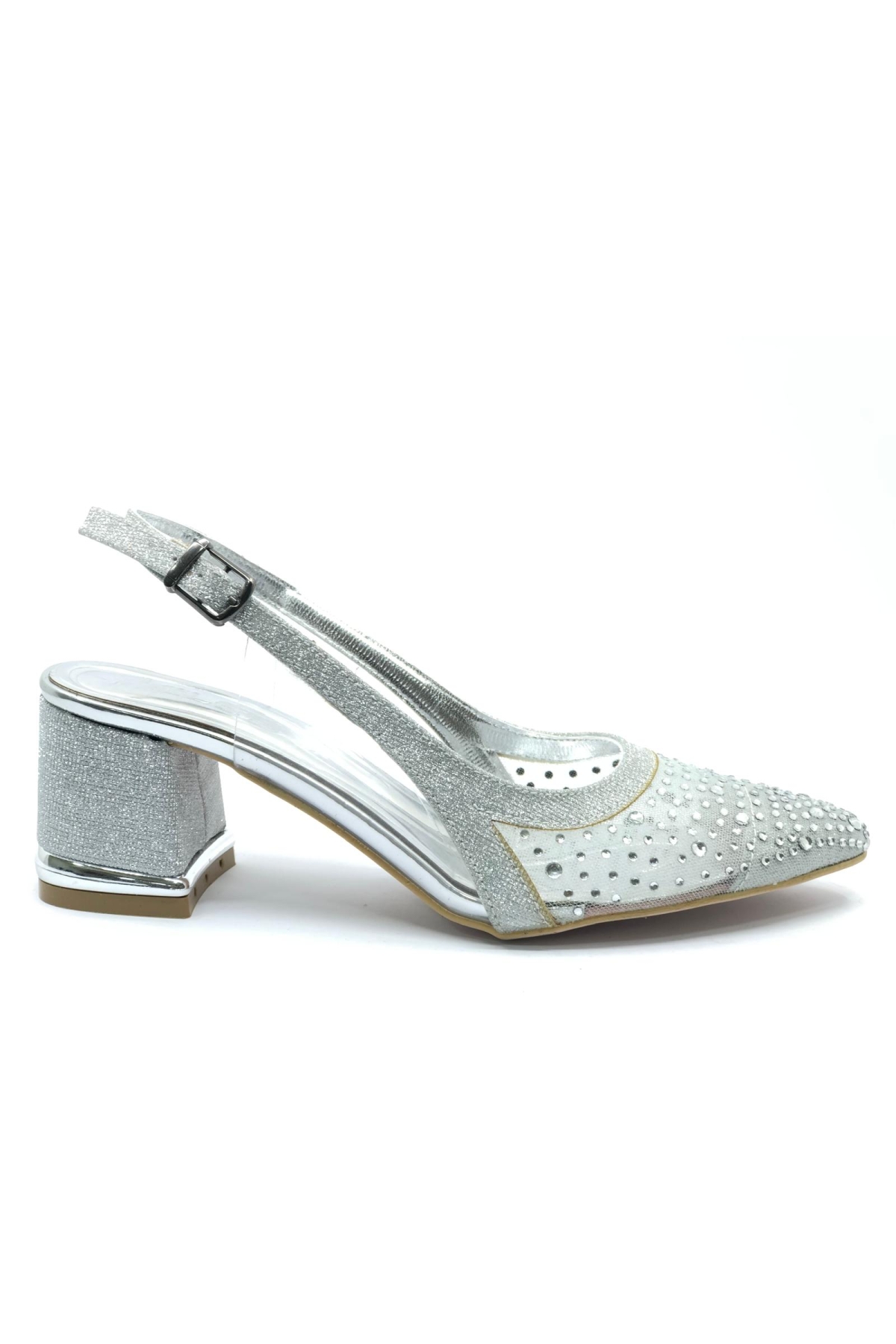 Arkası Açık Şeffaf Taş Detaylı Sindirella Kadın Kısa Topuklu Ayakkabı - Görsel 3
