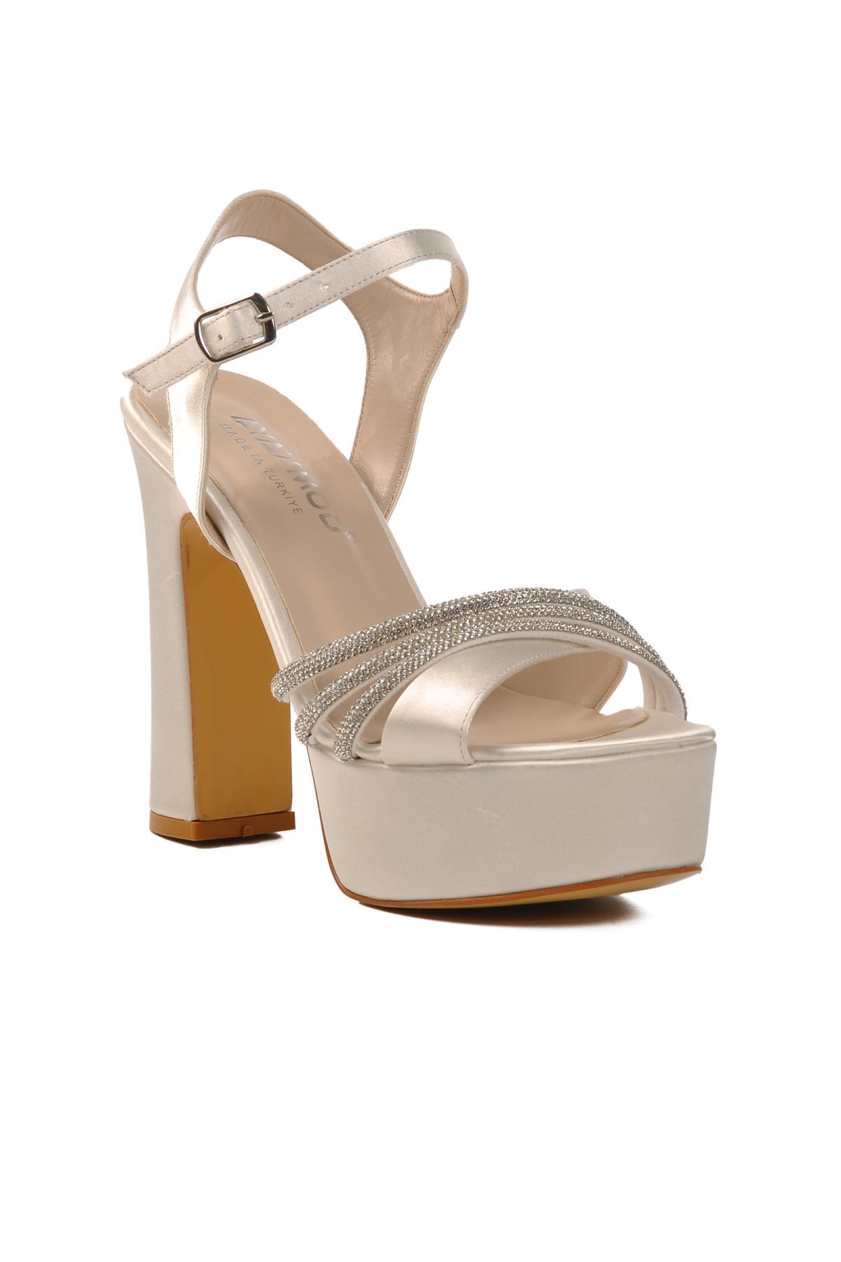 655413 Z Sedef Saten Taşlı Yüksek Topuk Kadın Topuklu Ayakkabı - Görsel 2