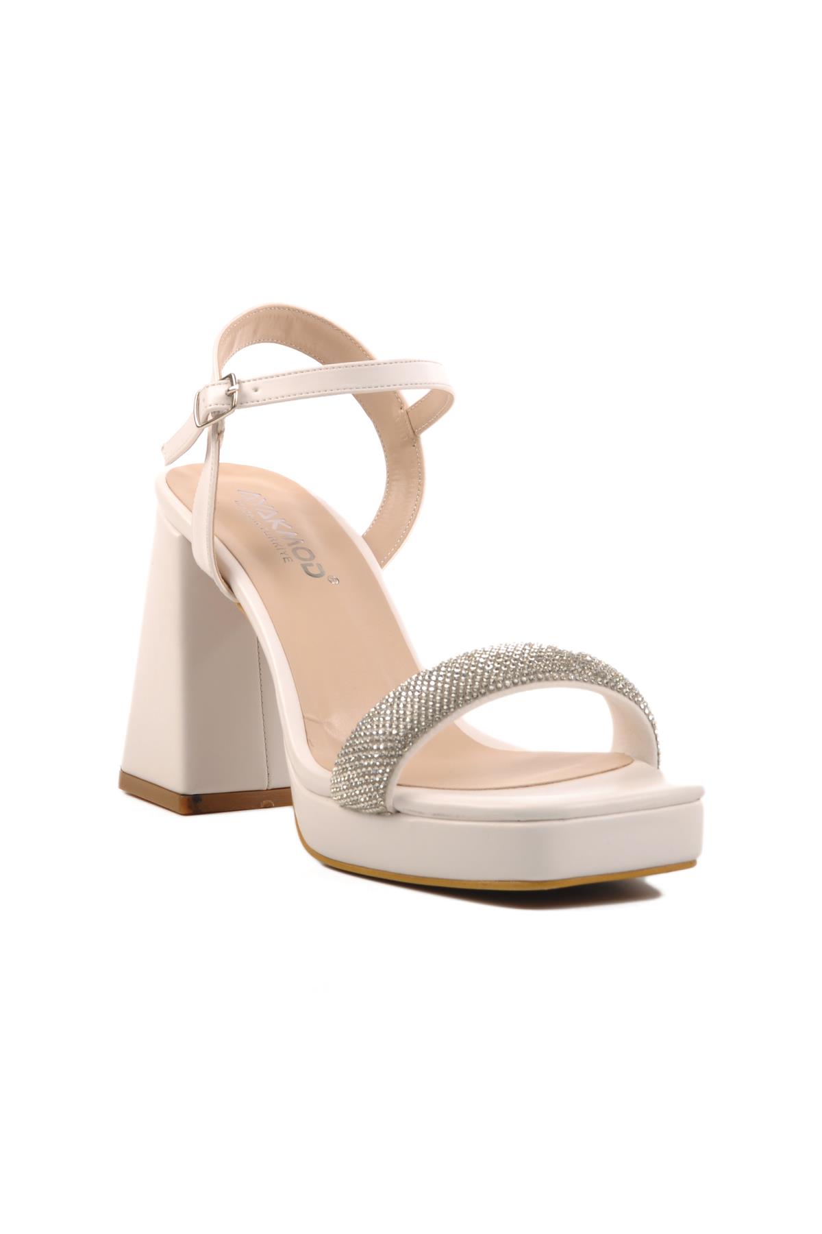 336535 Z Beyaz Kadın Platform Topuk Taşlı Sandalet - Görsel 2
