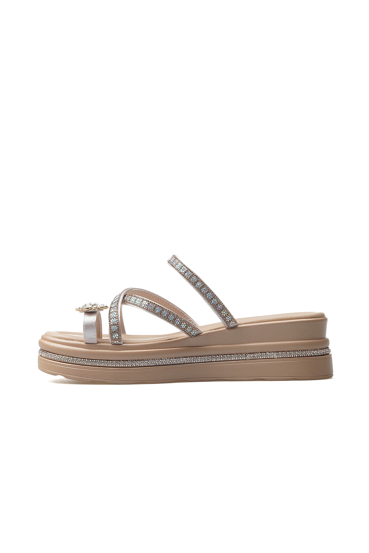 Kadın Taş Detaylı Topuklu Parmak Arası Günlük Terlik 25y 25y398-2 Z Bej - Görsel 3