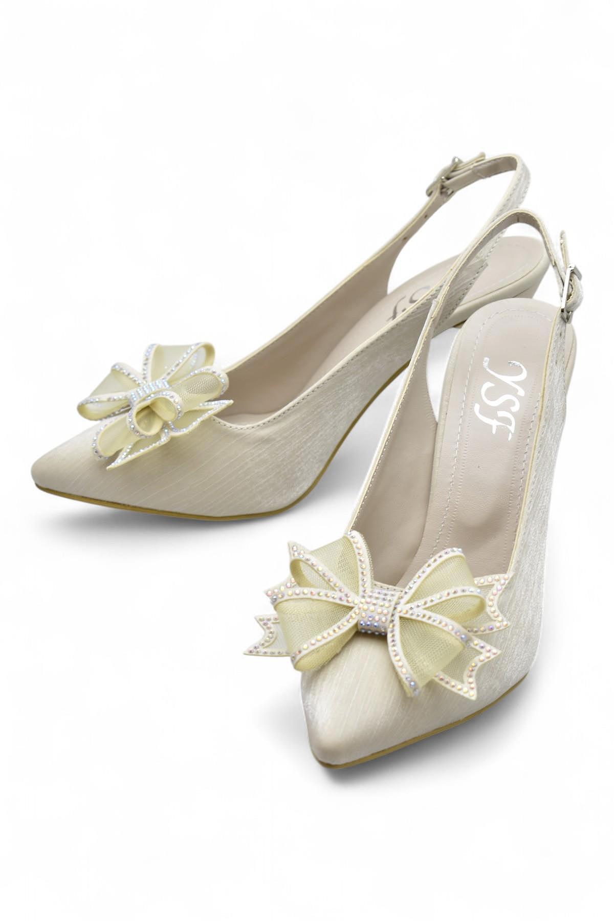 6513 Fiyonklu Taşlı 9cm Kadın Topuklu Ayakkabı Abiye Düğün Nişan Ayakkabısı - Görsel 4