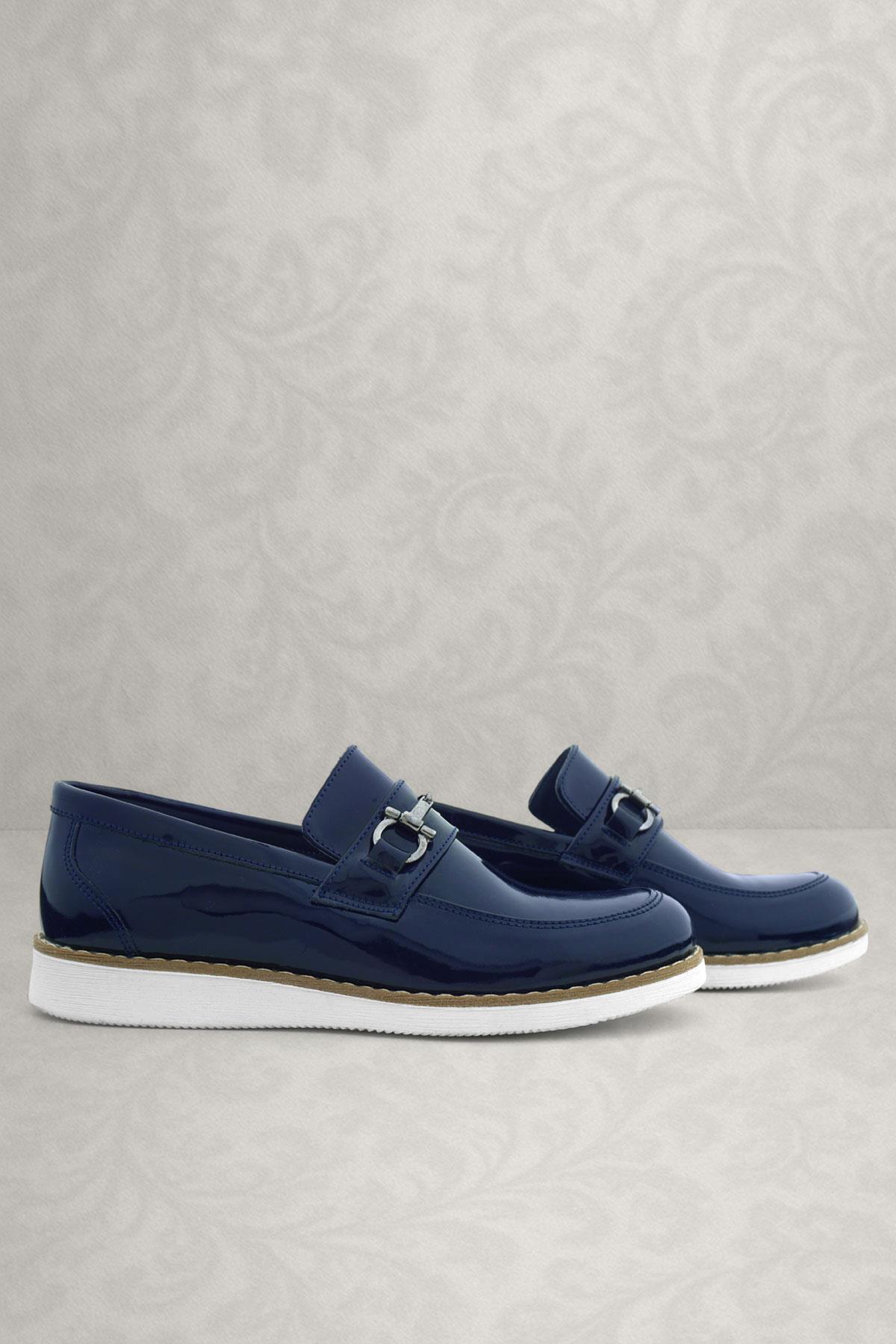 Hakiki Deri Lacivert Rugan Beyaz Tabanlı Loafer Çocuk Klasik Ayakkabı - Görsel 2