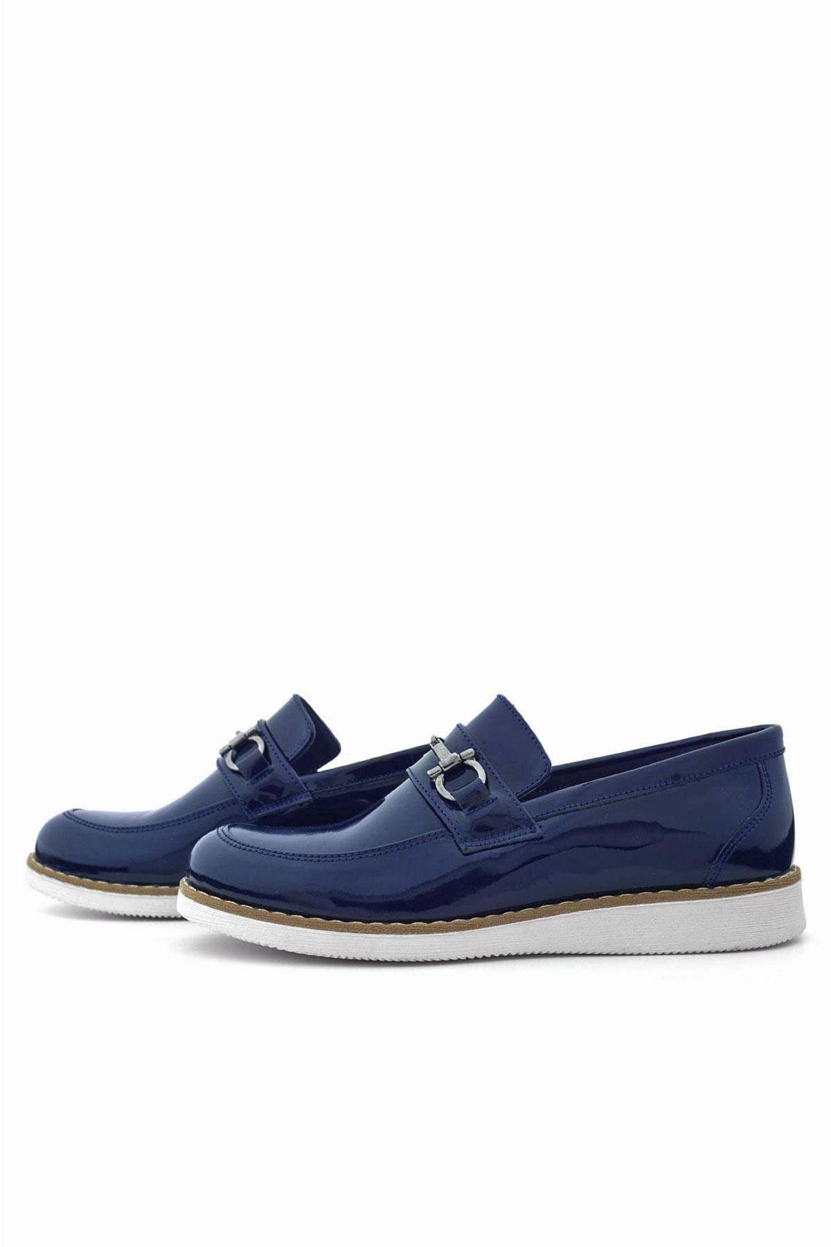 Hakiki Deri Lacivert Rugan Beyaz Tabanlı Loafer Çocuk Klasik Ayakkabı - Görsel 7