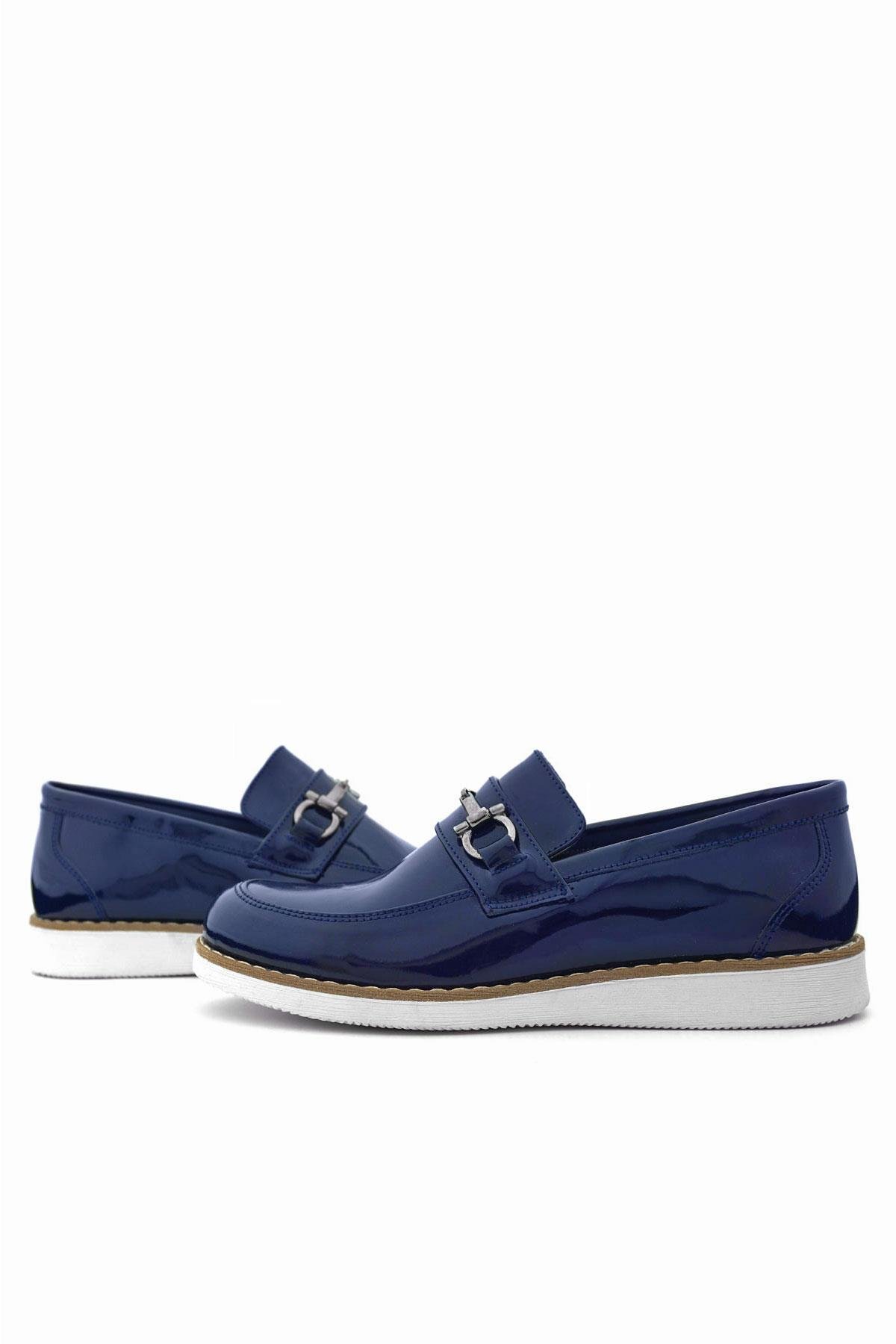 Hakiki Deri Lacivert Rugan Beyaz Tabanlı Loafer Çocuk Klasik Ayakkabı - Görsel 9