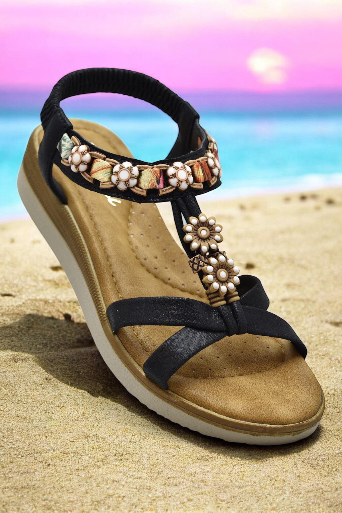 5627 Rahat Ortopedik Taban Taşlı Kadın Sandalet Günlük Sandalet - Görsel 4