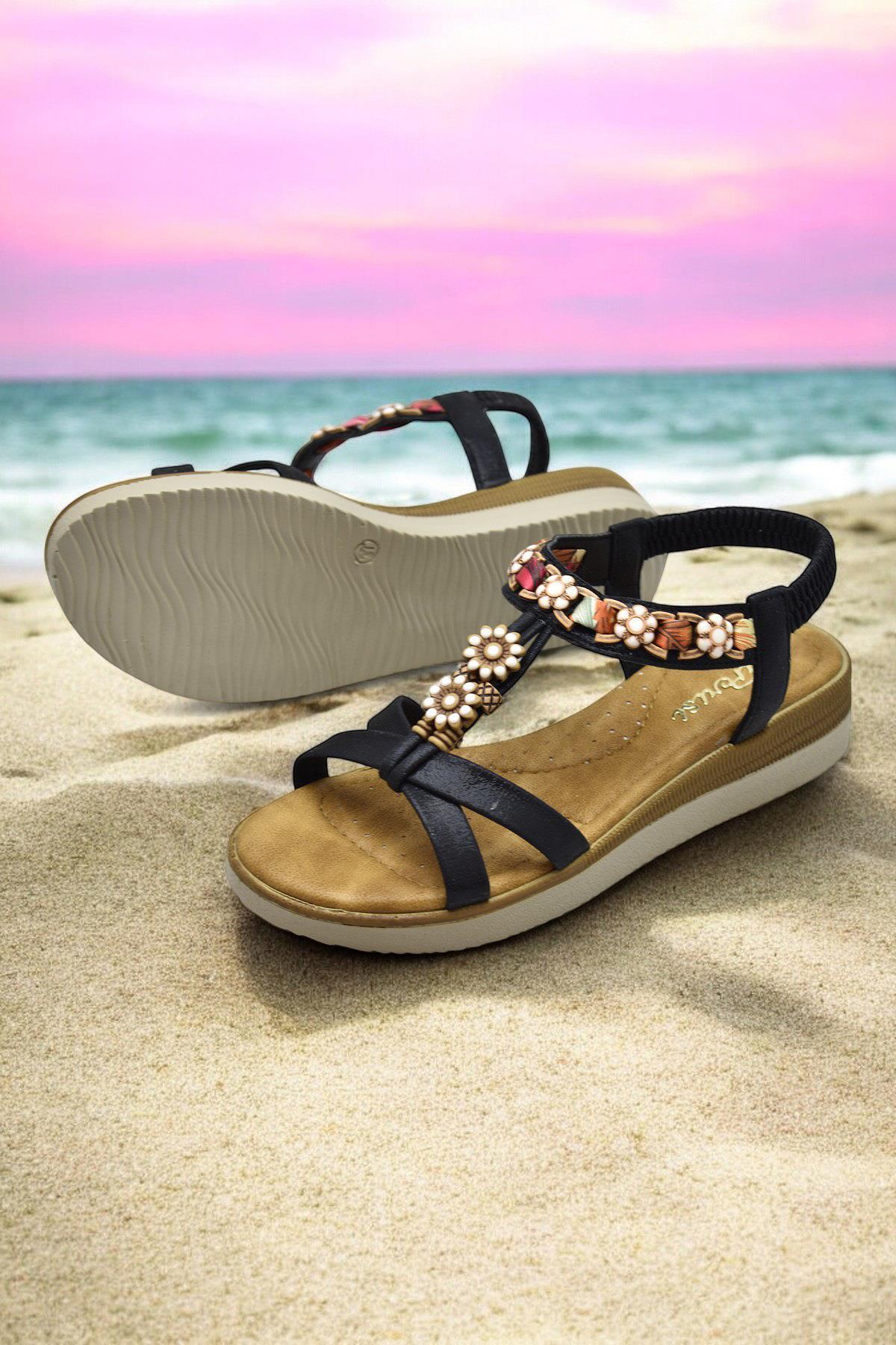 5627 Rahat Ortopedik Taban Taşlı Kadın Sandalet Günlük Sandalet - Görsel 5