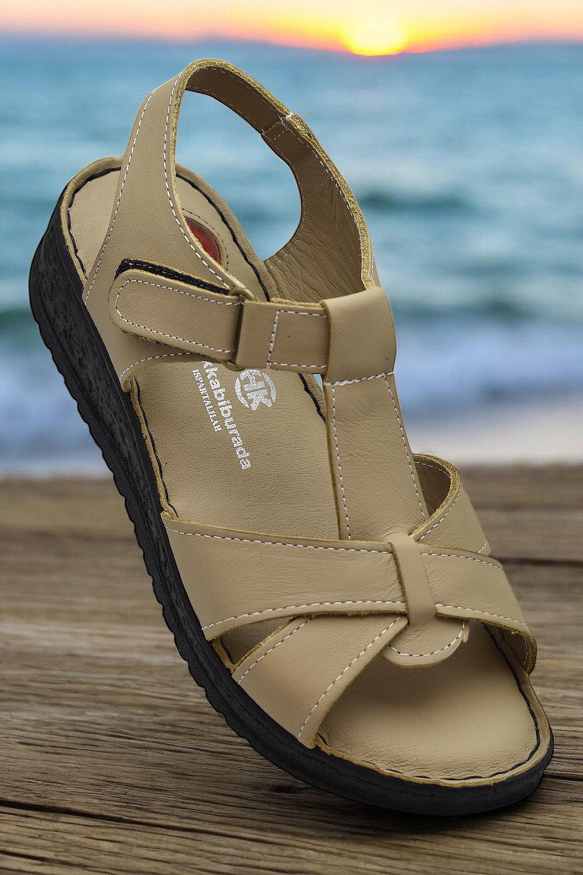 204 TAM ORTOPEDİK Hakiki Deri Kadın Sandalet Topuk Jel Taban Kadın Deri Sandalet - Görsel 4