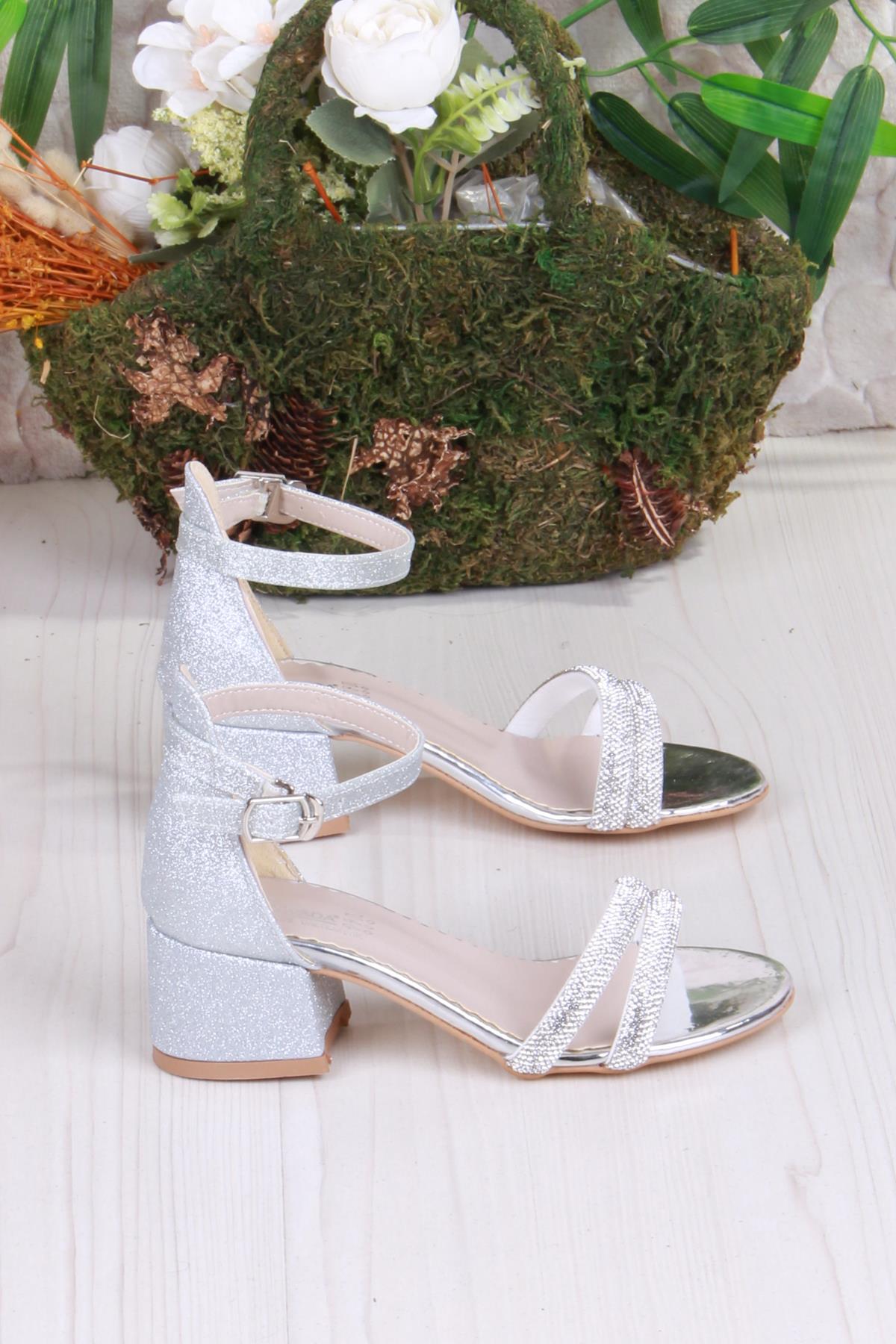 352087 Taşlı Detaylı Topuklu Kız Çocuk Abiye Ayakkabı - Görsel 3