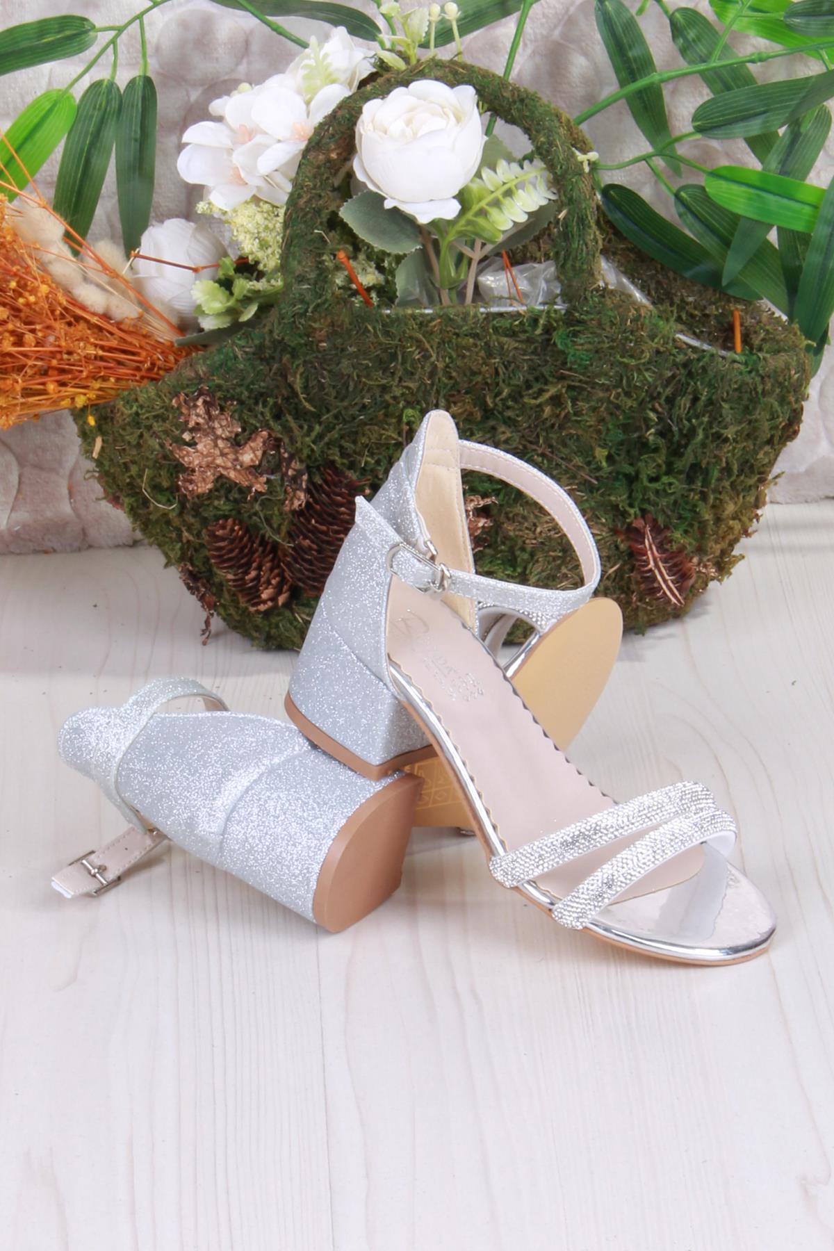 352087 Taşlı Detaylı Topuklu Kız Çocuk Abiye Ayakkabı - Görsel 5