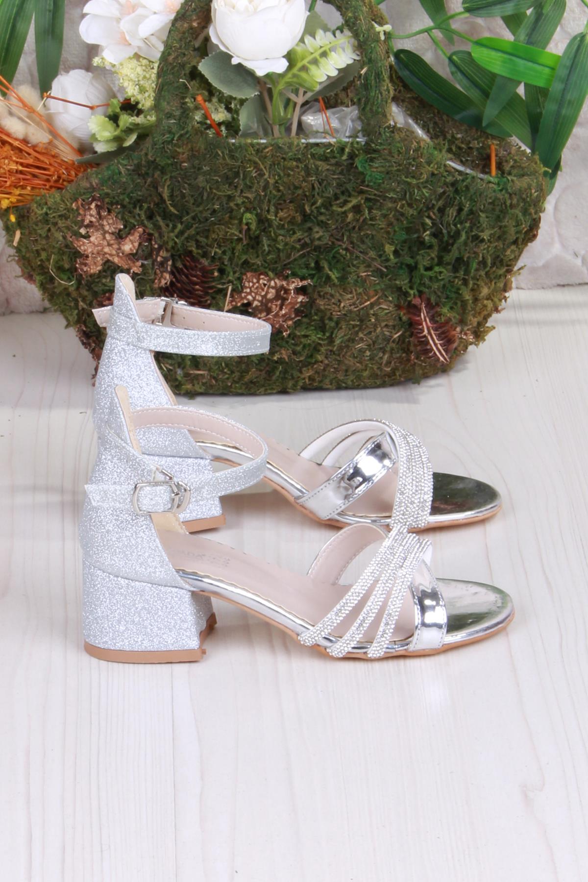 352091 Taşlı Detaylı Topuklu Kız Çocuk Abiye Ayakkabı - Görsel 3