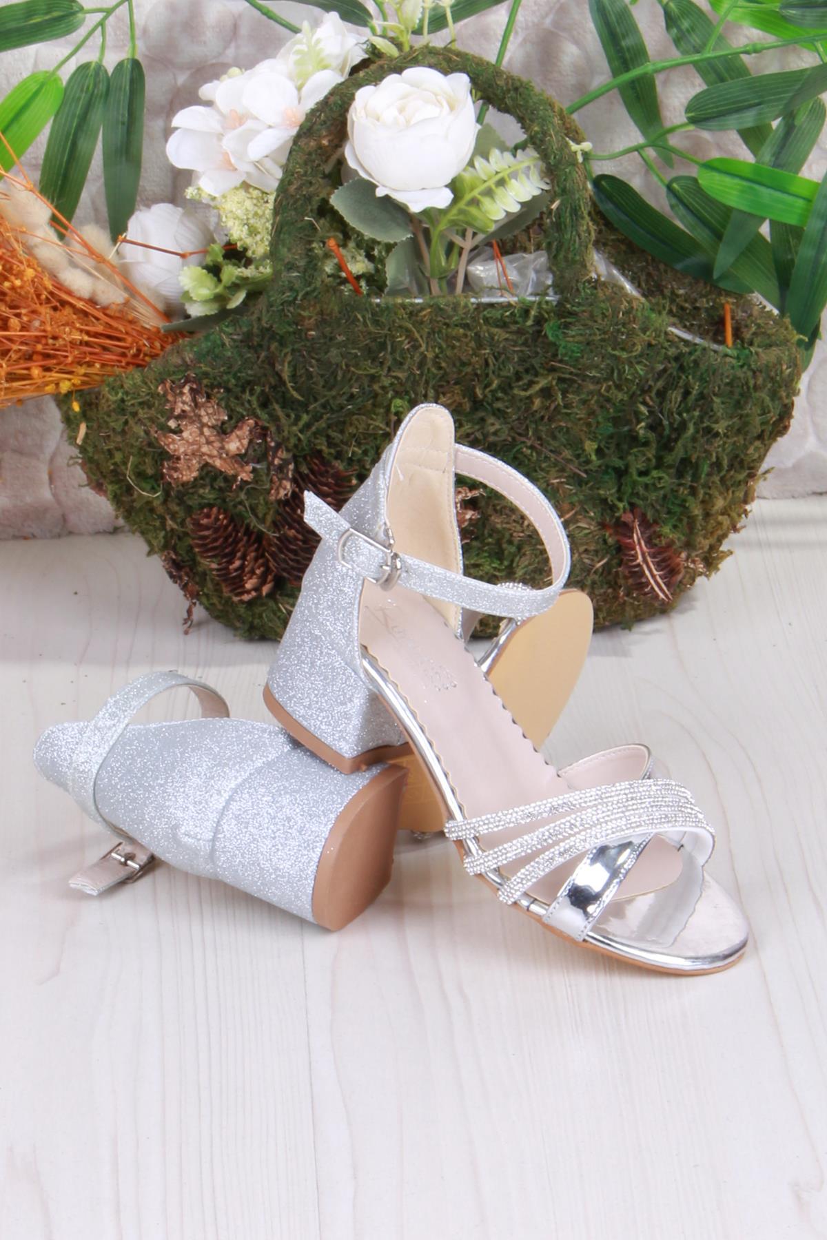 352091 Taşlı Detaylı Topuklu Kız Çocuk Abiye Ayakkabı - Görsel 5