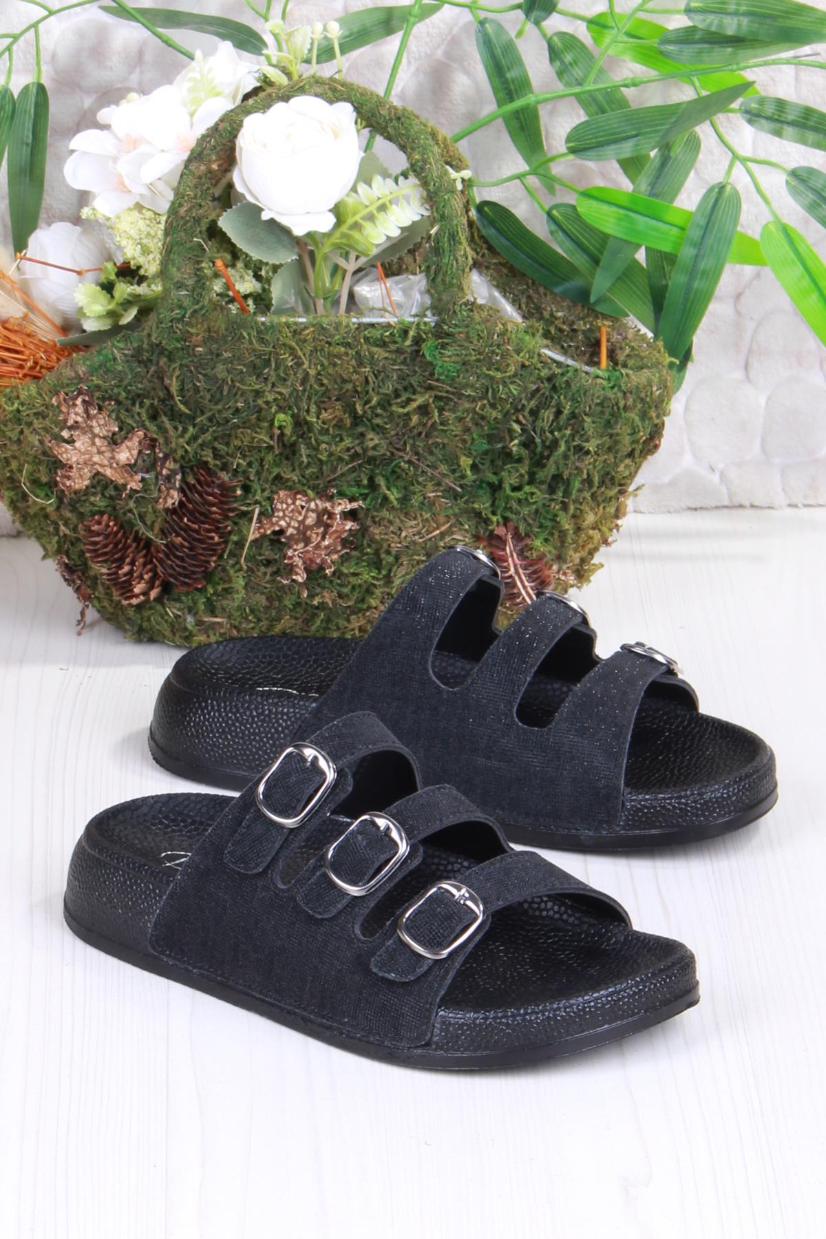 100403 Pienn Anatomik Esnek Rahat Simli Baskılı Üç Tokalı Kadın Terlik - Görsel 4