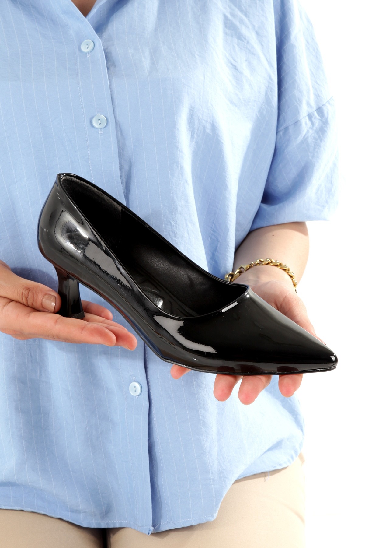 Kandy Siyah Rugan Kısa Topuklu Stiletto Parlak Kadın Abiye Ayakkabı - Görsel 4