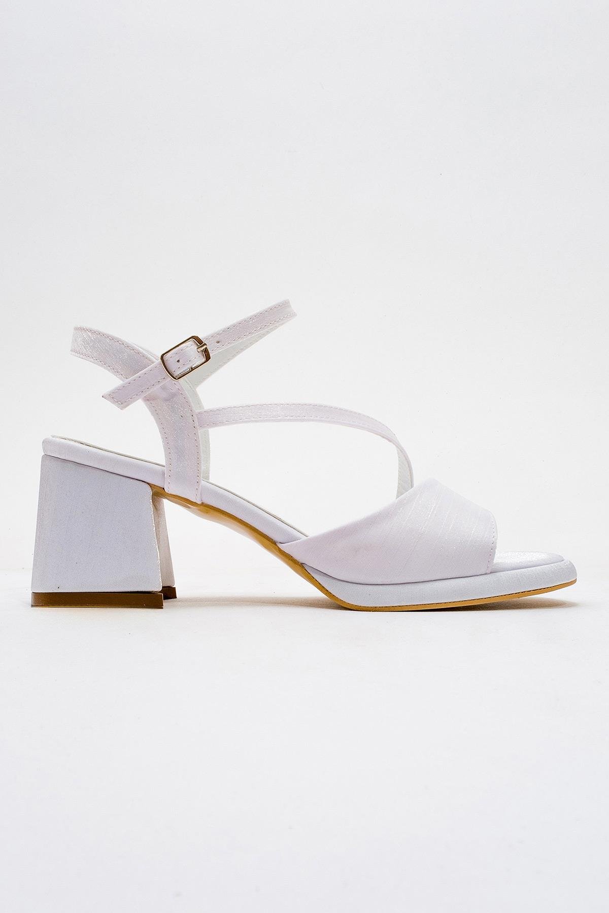Kadın Çapraz Bantlı Topuklu Sandalet BEYAZ SATEN - Görsel 3